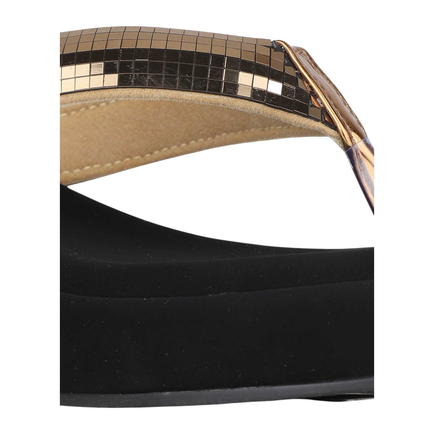 Women Black Wedge Thong Sandals with Antique Gold Sequin Strap