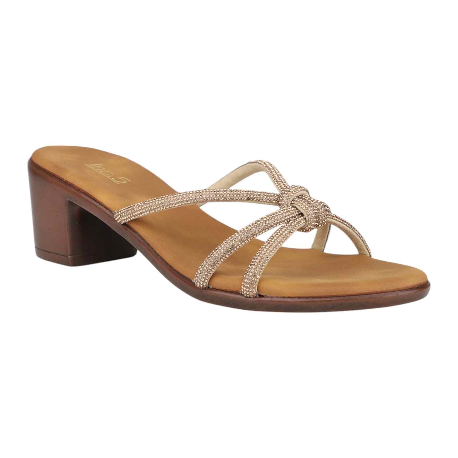 Women Antique Gold Embellished Knotted Strap Block Heel Sandals