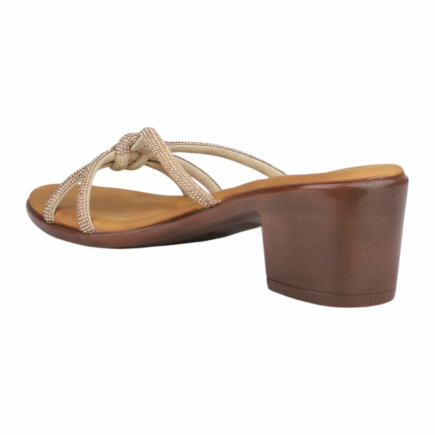 Women Antique Gold Embellished Knotted Strap Block Heel Sandals
