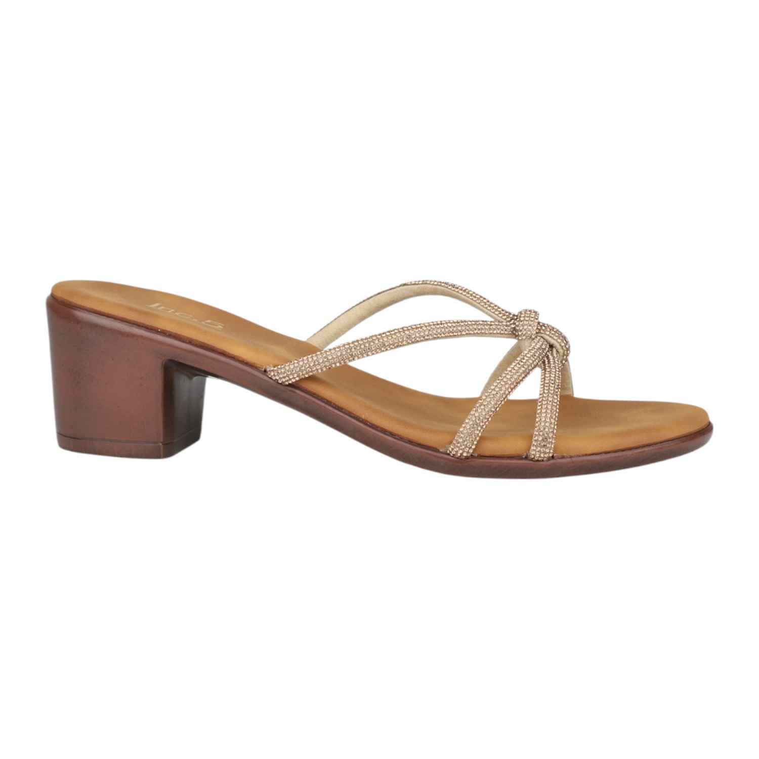 Women Antique Gold Embellished Knotted Strap Block Heel Sandals