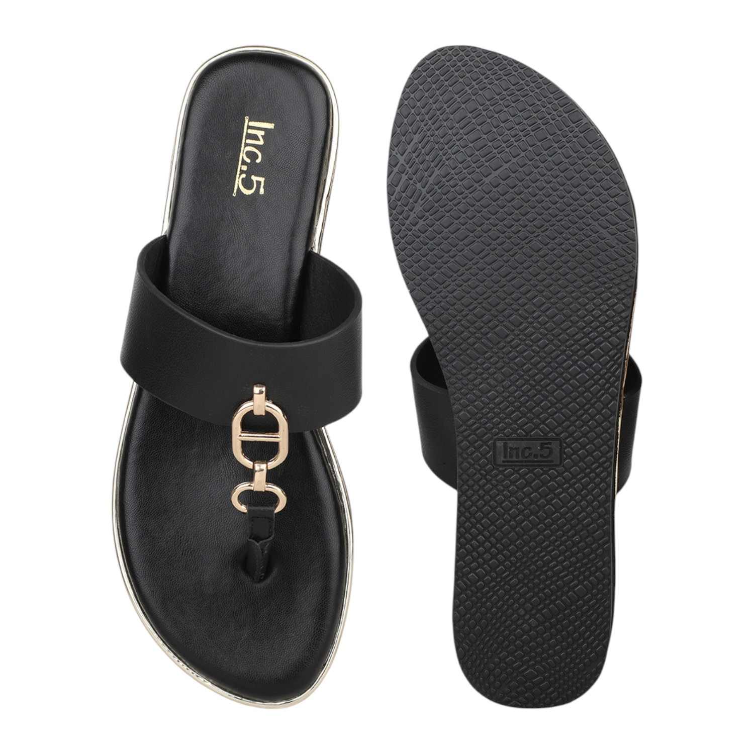Women Black Platform Thong Sandals with Gold Chain Detail