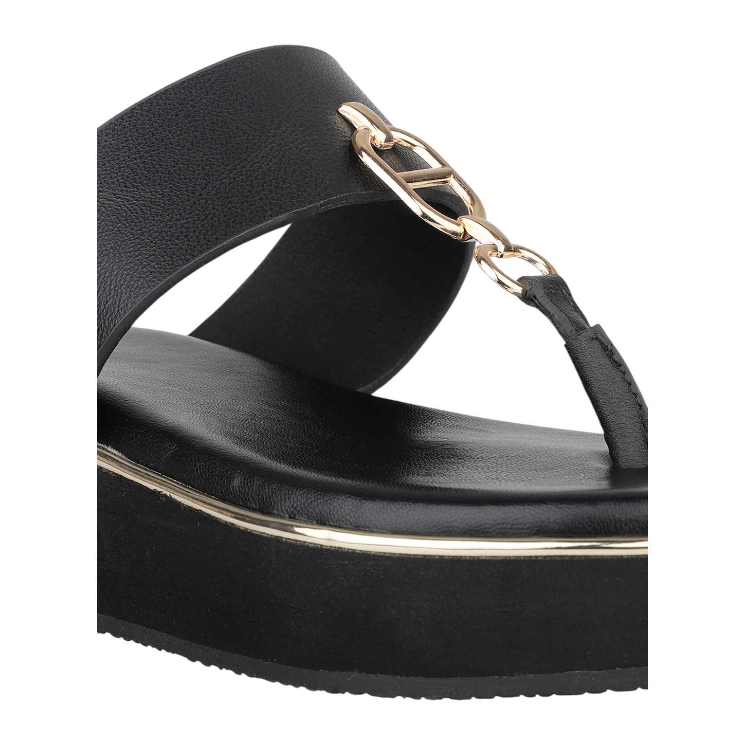 Women Black Platform Thong Sandals with Gold Chain Detail