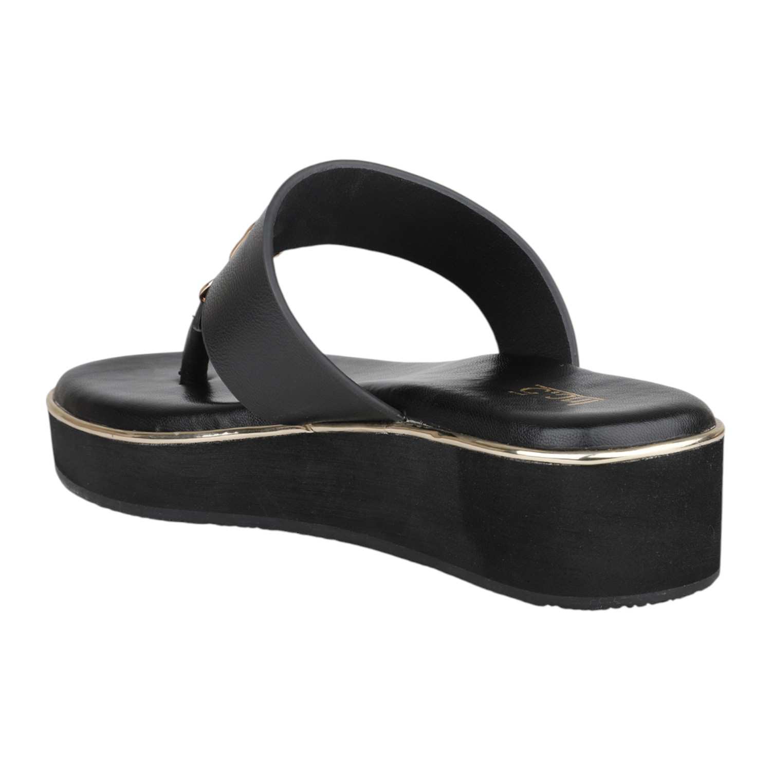 Women Black Platform Thong Sandals with Gold Chain Detail