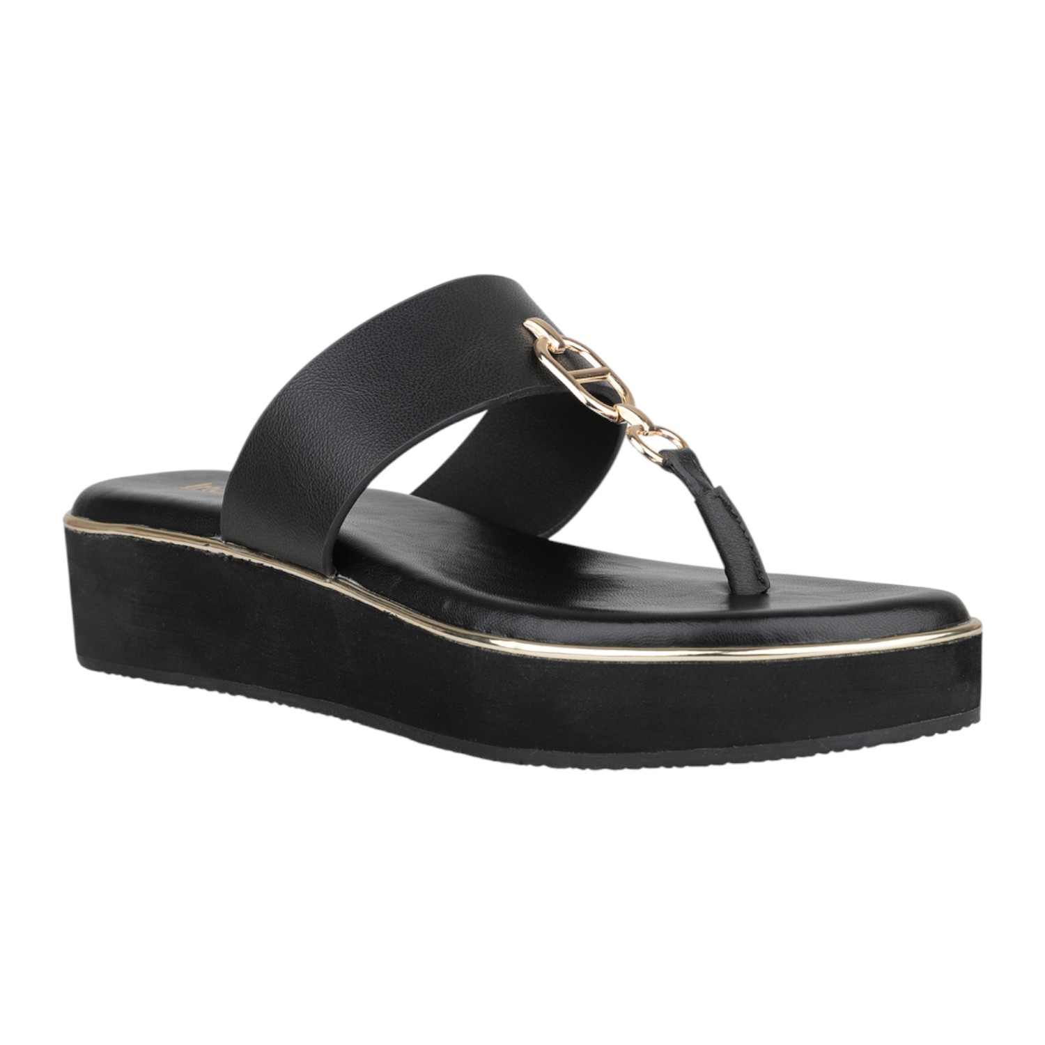 Women Black Platform Thong Sandals with Gold Chain Detail