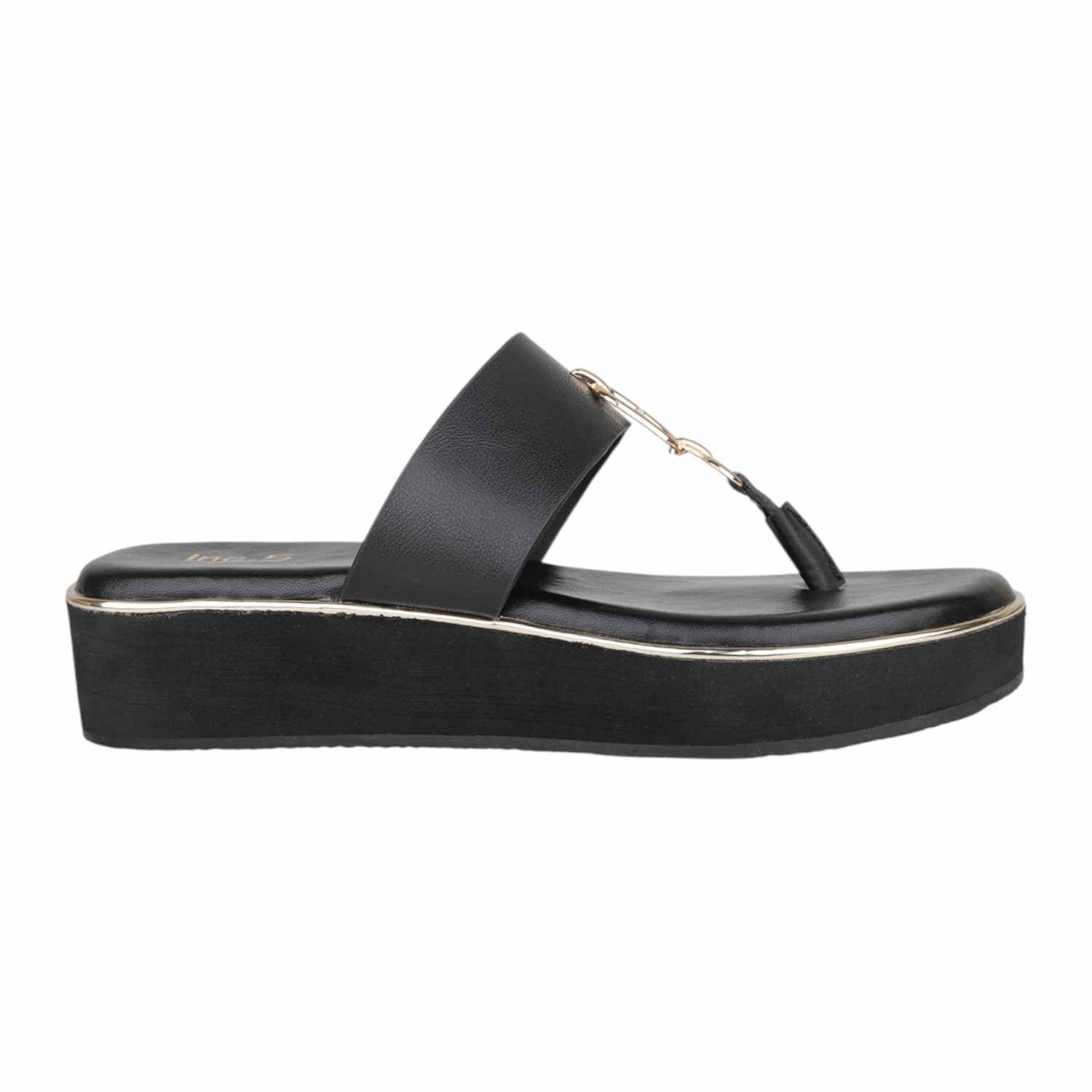 Women Black Platform Thong Sandals with Gold Chain Detail