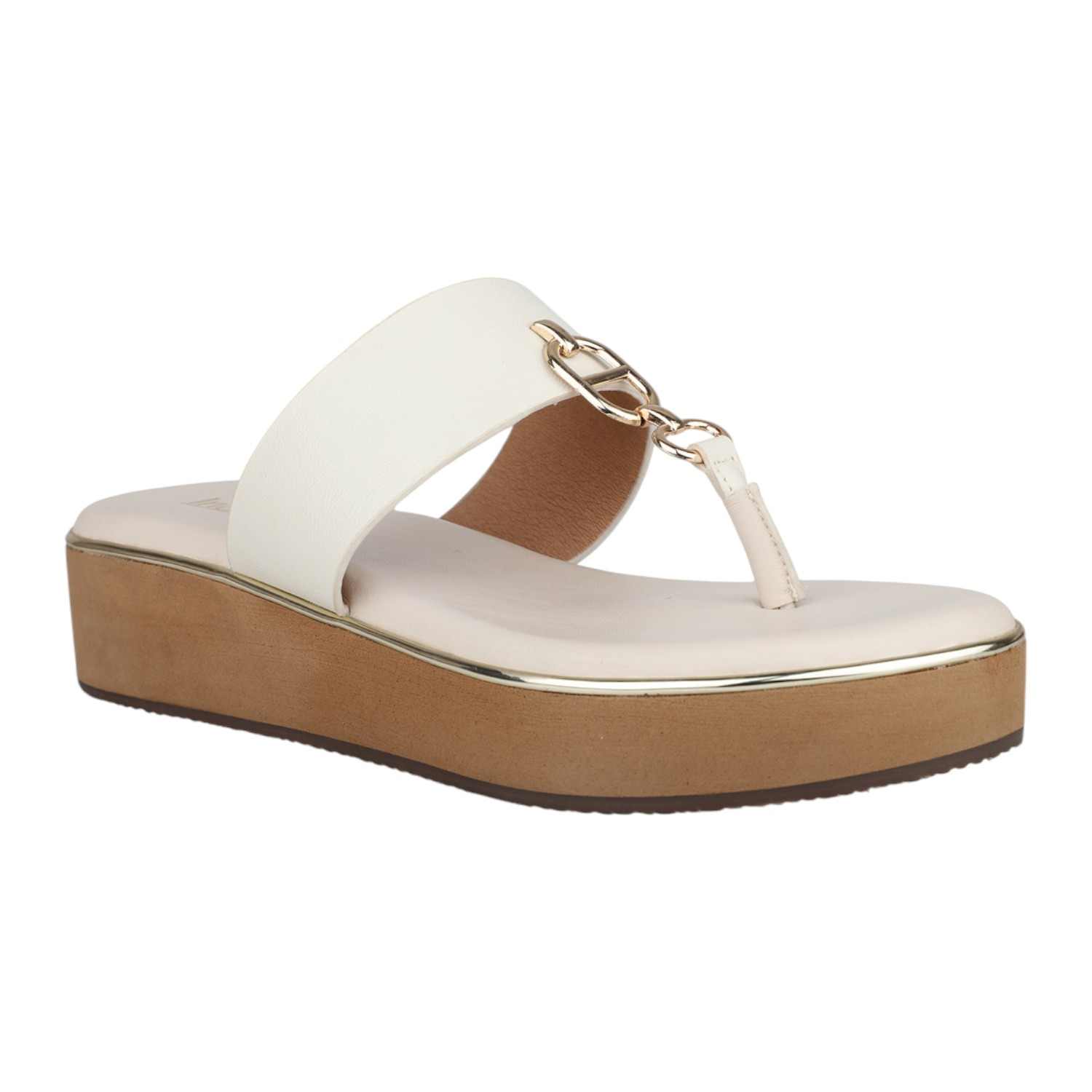 Women Cream Platform Thong Sandals with Gold Chain Detail