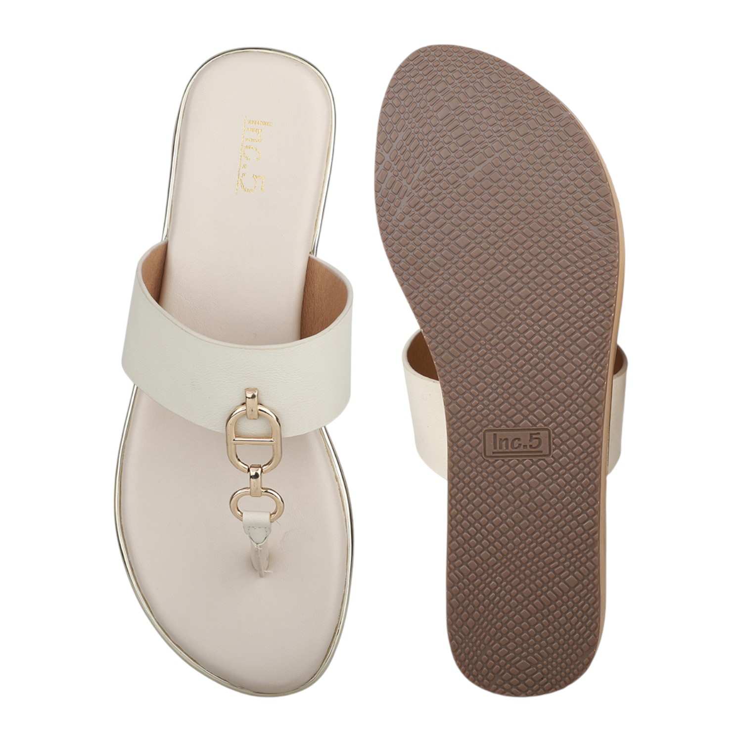 Women Cream Platform Thong Sandals with Gold Chain Detail