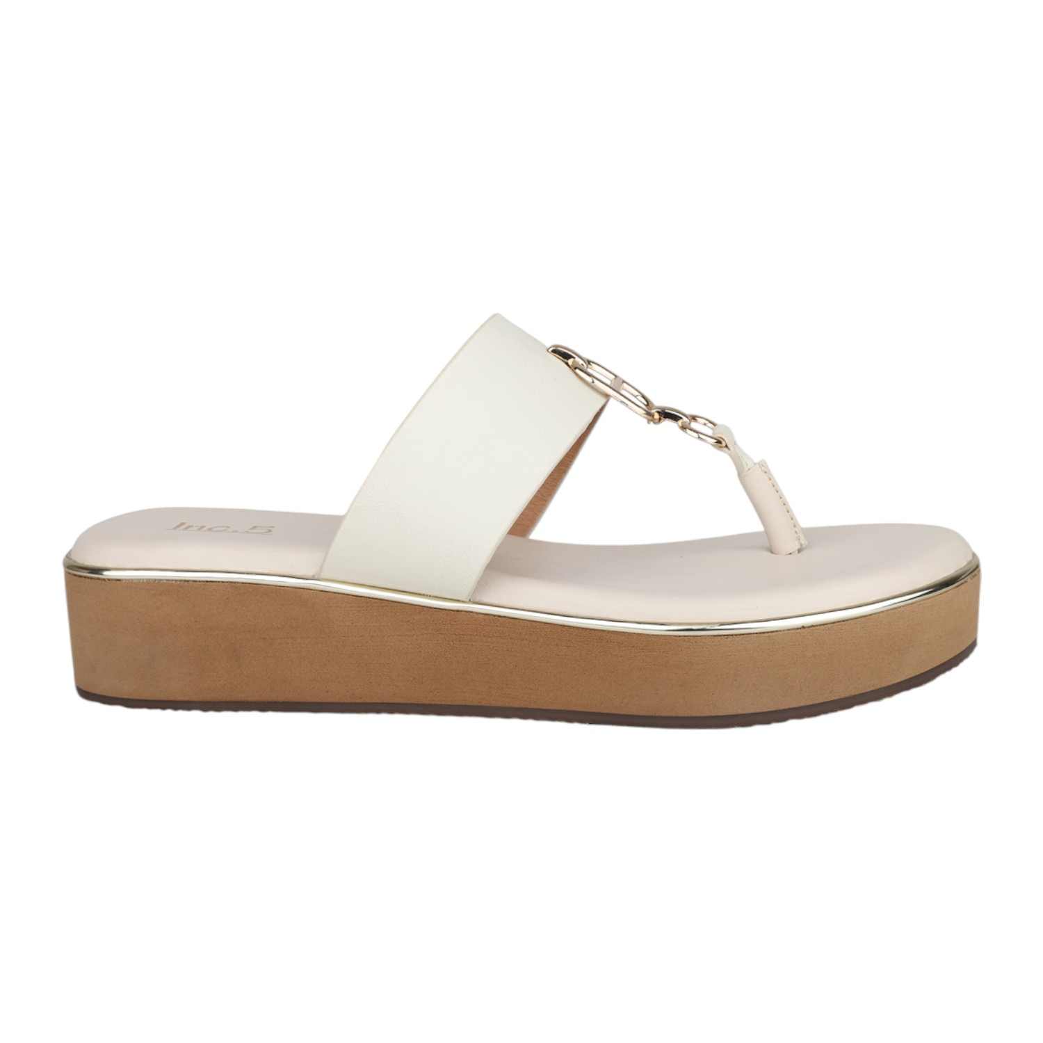 Women Cream Platform Thong Sandals with Gold Chain Detail