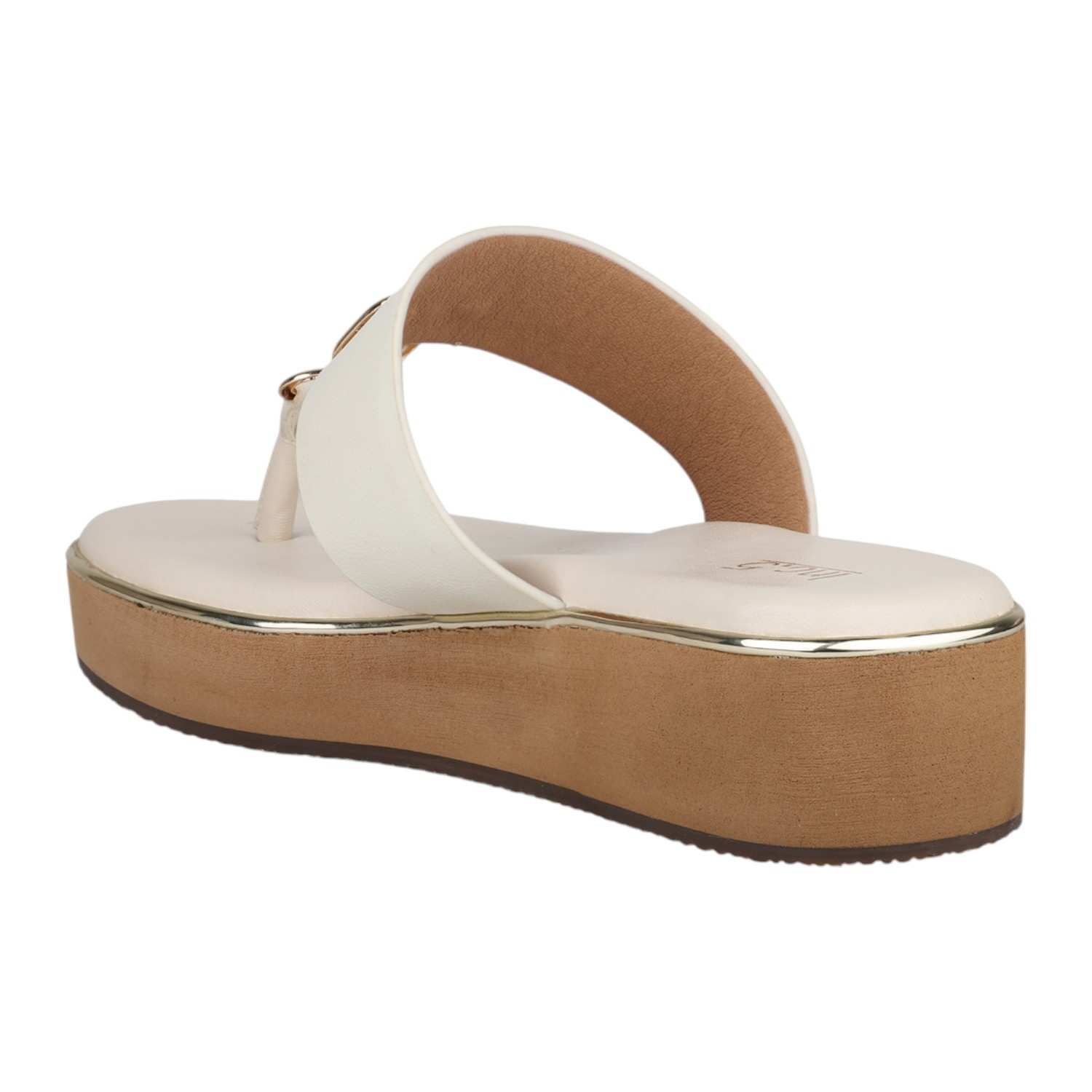 Women Cream Platform Thong Sandals with Gold Chain Detail