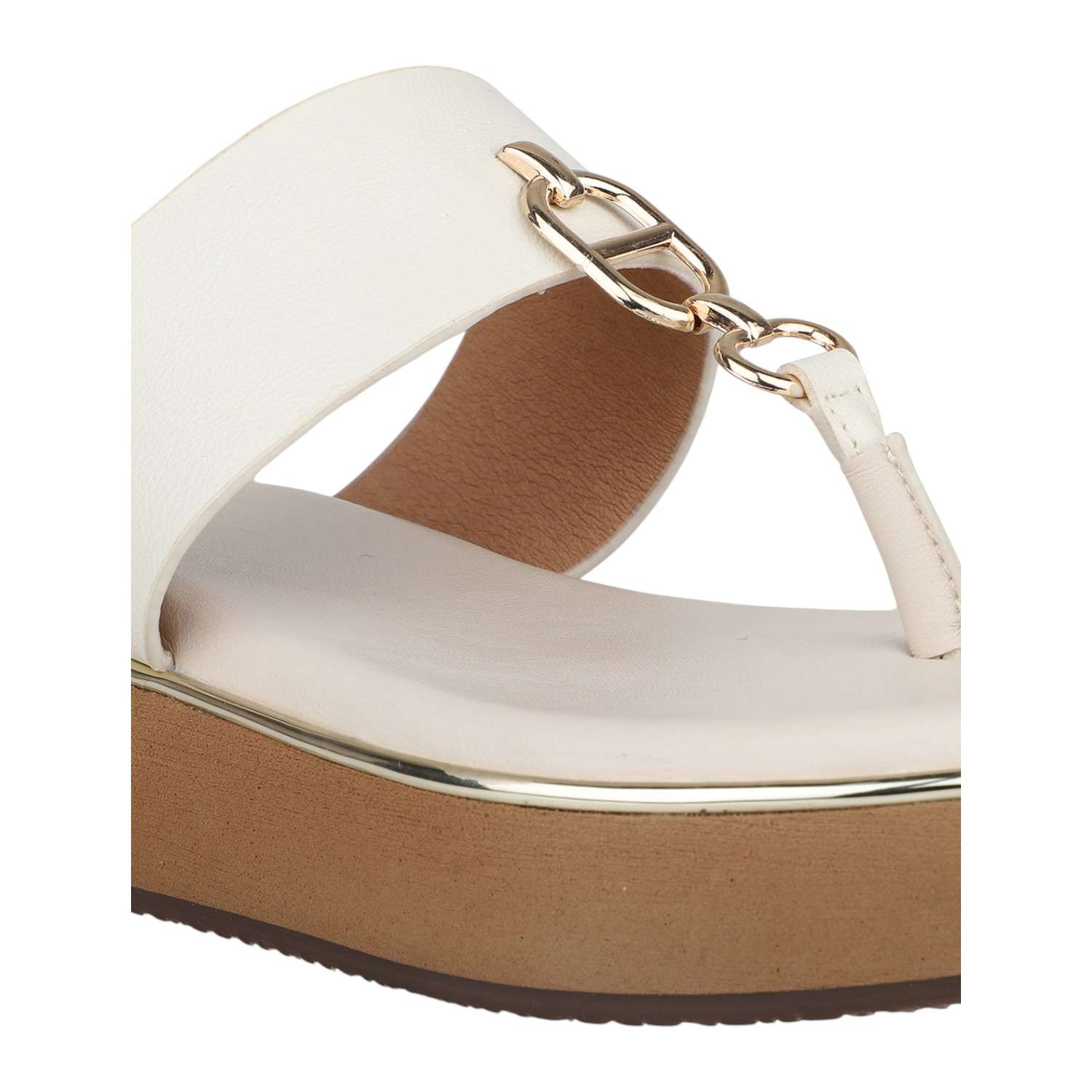 Women Cream Platform Thong Sandals with Gold Chain Detail