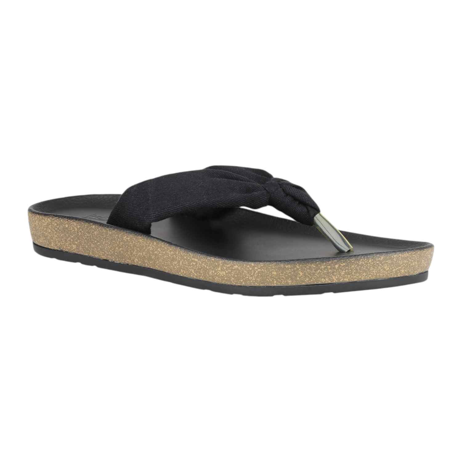 Women Black Knotted Strap Thong Sandals with Cork-Look Sole