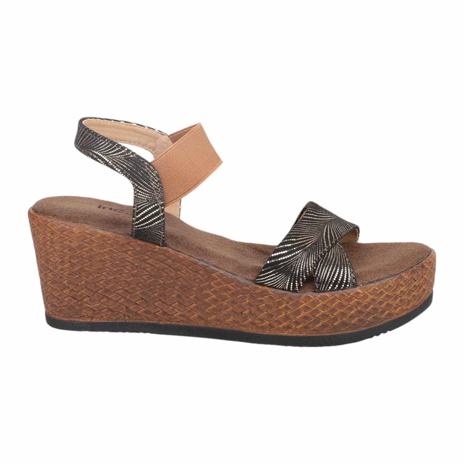Women Antique Gold & Black Patterned Wedge Sandals with Tan Ankle Strap