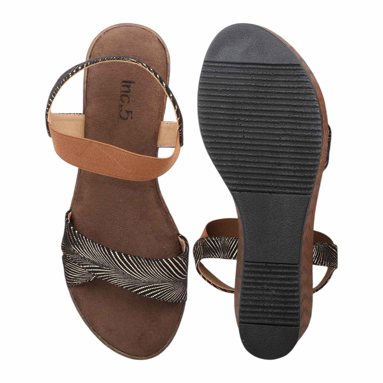 Women Antique Gold & Black Patterned Wedge Sandals with Tan Ankle Strap