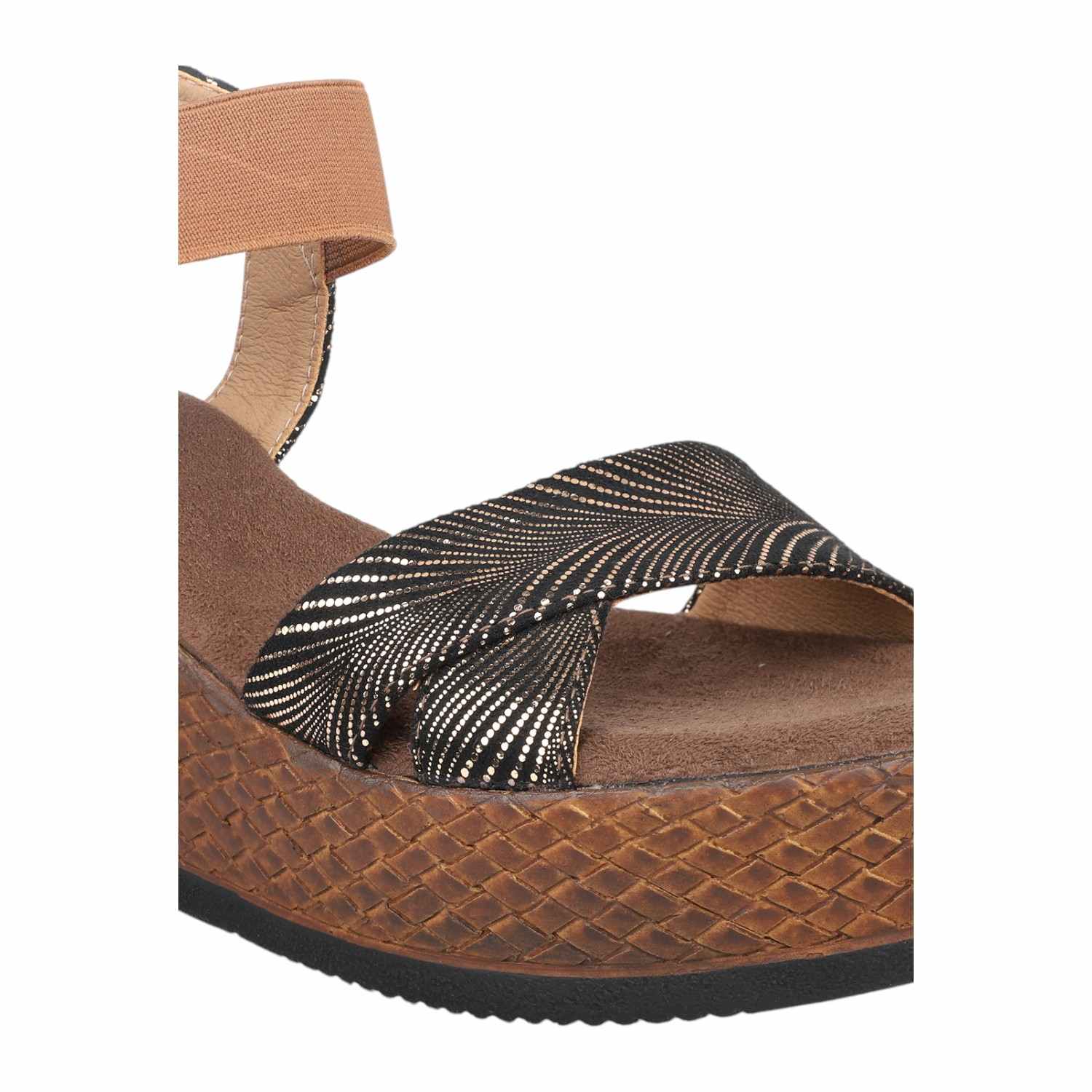 Women Antique Gold & Black Patterned Wedge Sandals with Tan Ankle Strap