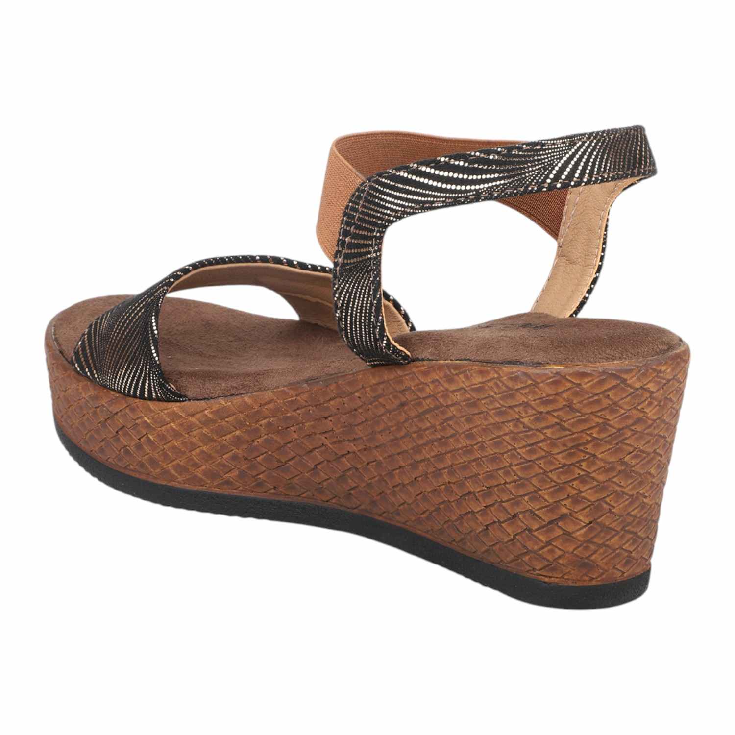 Women Antique Gold & Black Patterned Wedge Sandals with Tan Ankle Strap