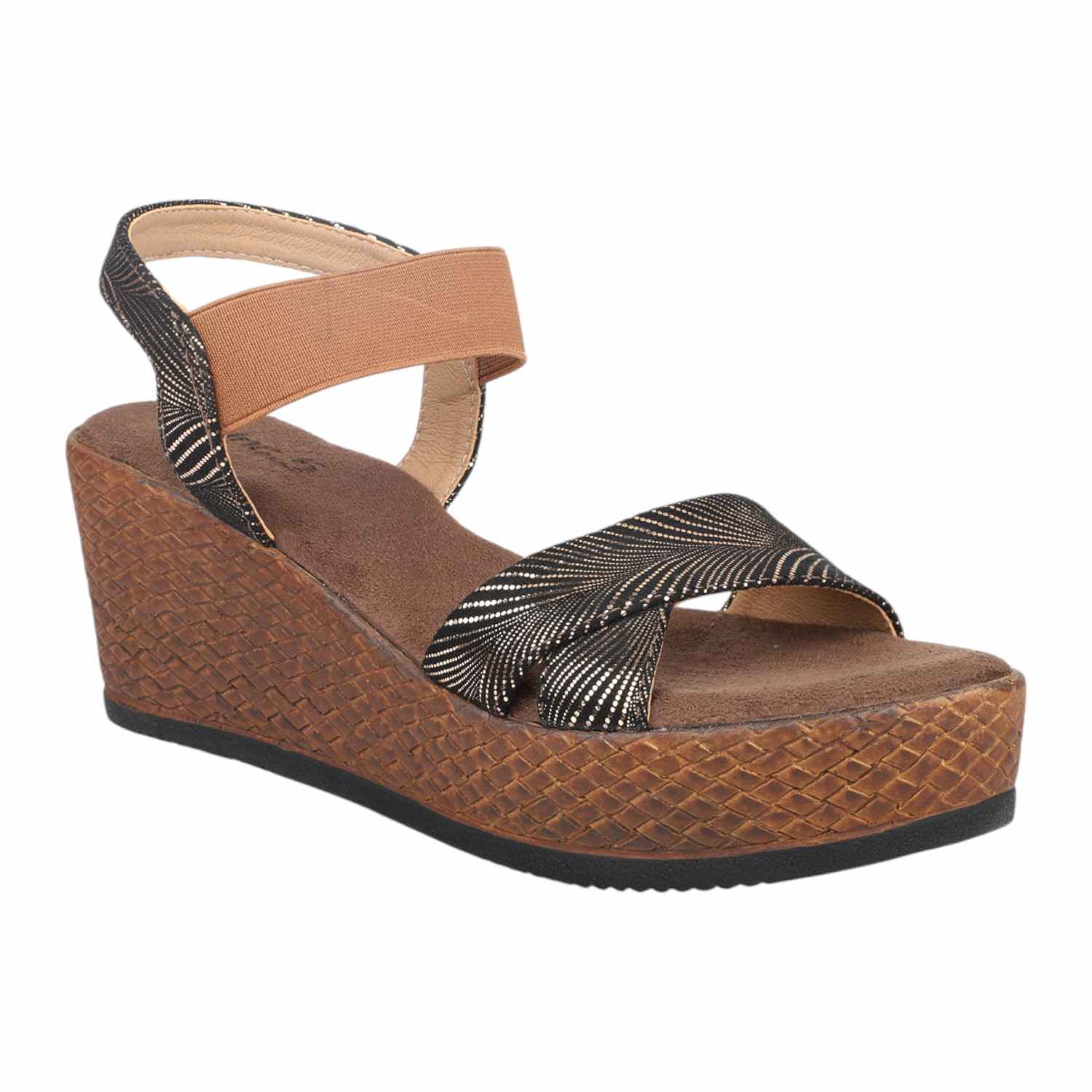 Women Antique Gold & Black Patterned Wedge Sandals with Tan Ankle Strap