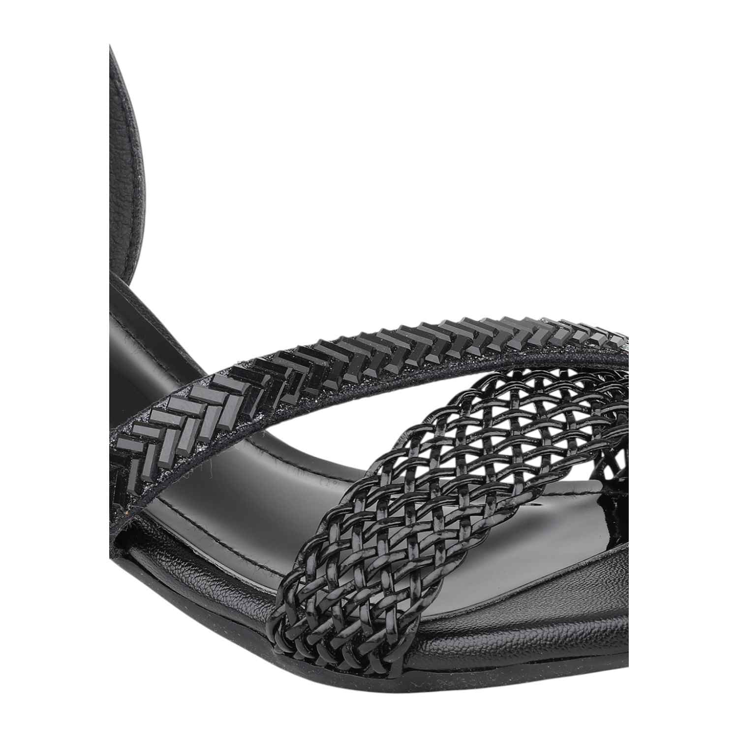 Women Black Weave Strap Block Heel Sandals