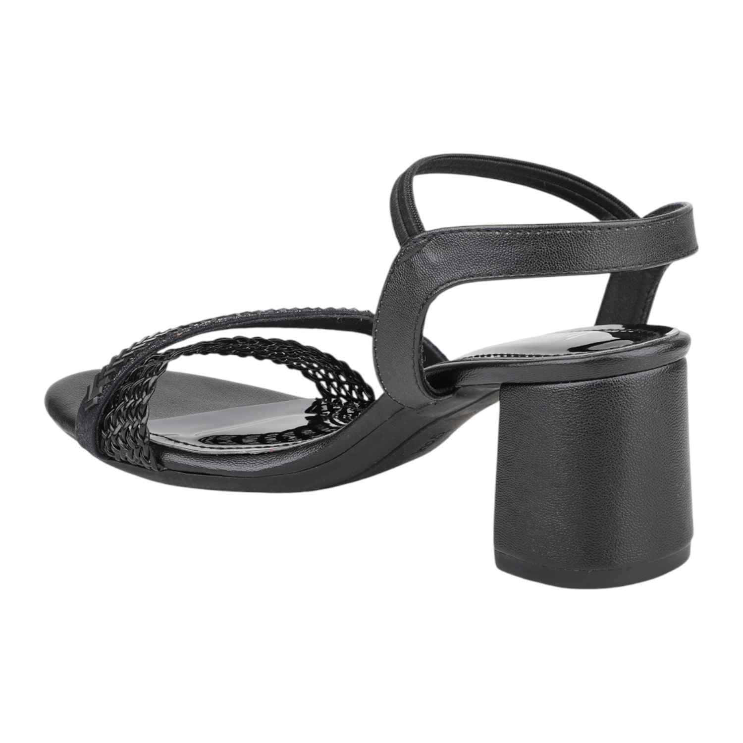 Women Black Weave Strap Block Heel Sandals