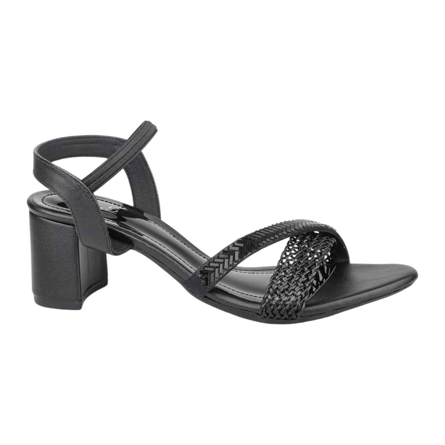 Women Black Weave Strap Block Heel Sandals