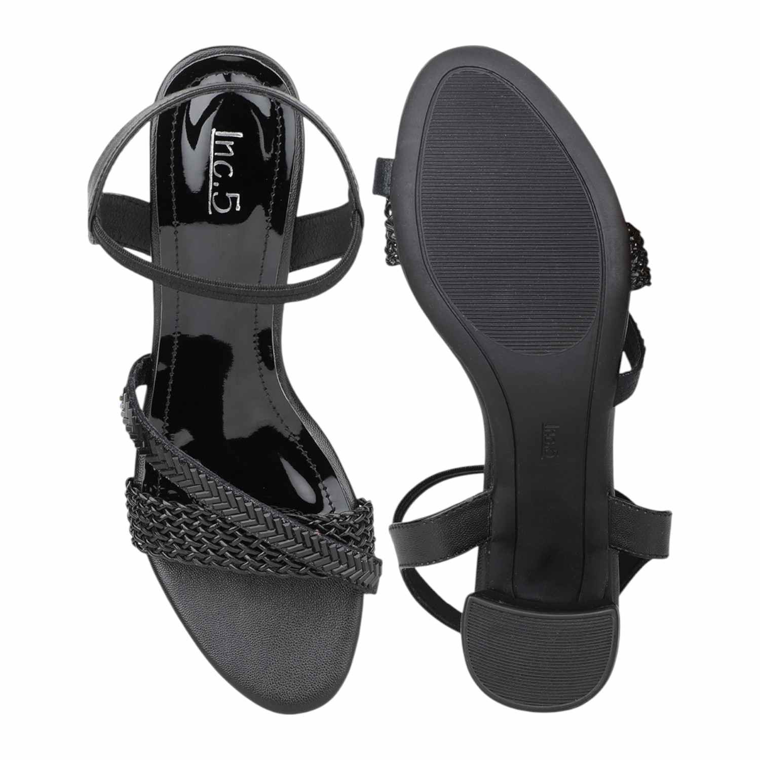 Women Black Weave Strap Block Heel Sandals