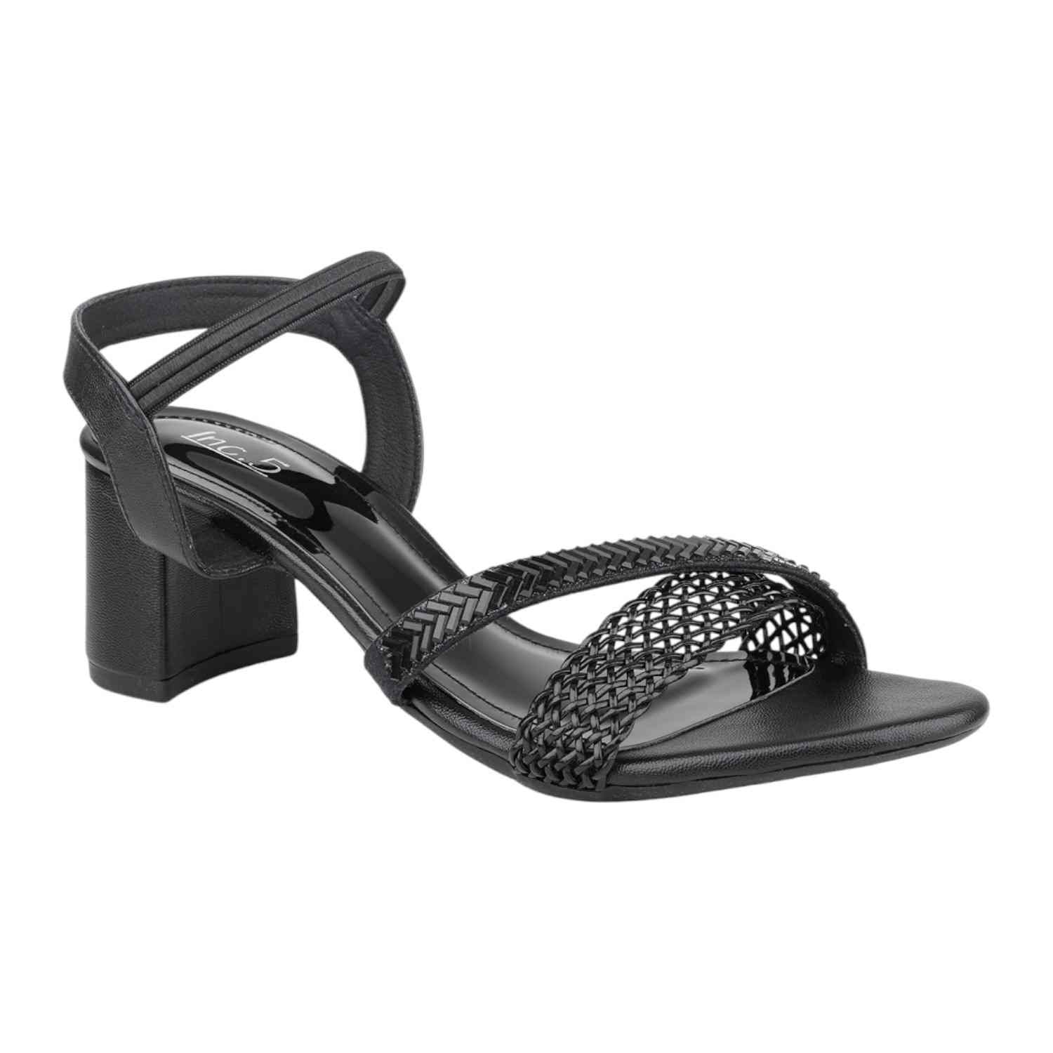 Women Black Weave Strap Block Heel Sandals