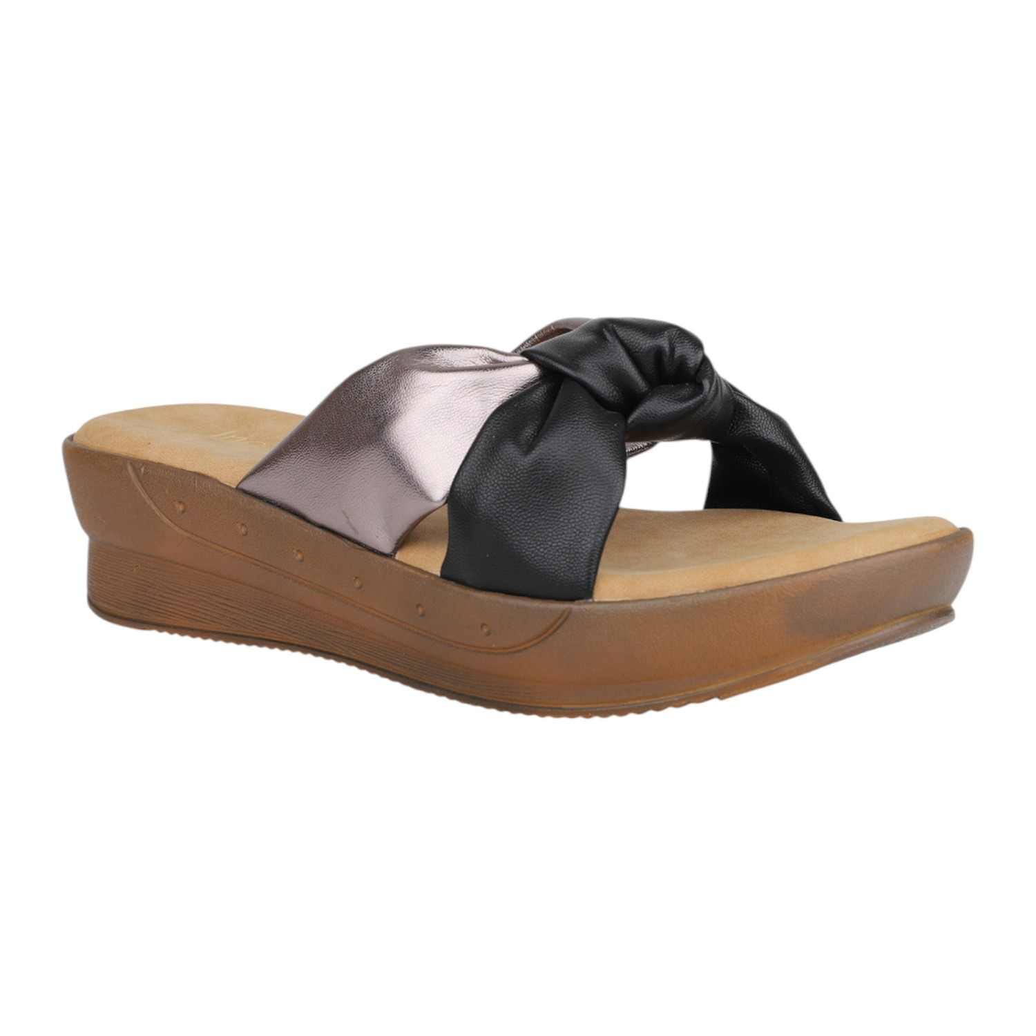 Women Black & Metallic Knotted Strap Wedge Sandals