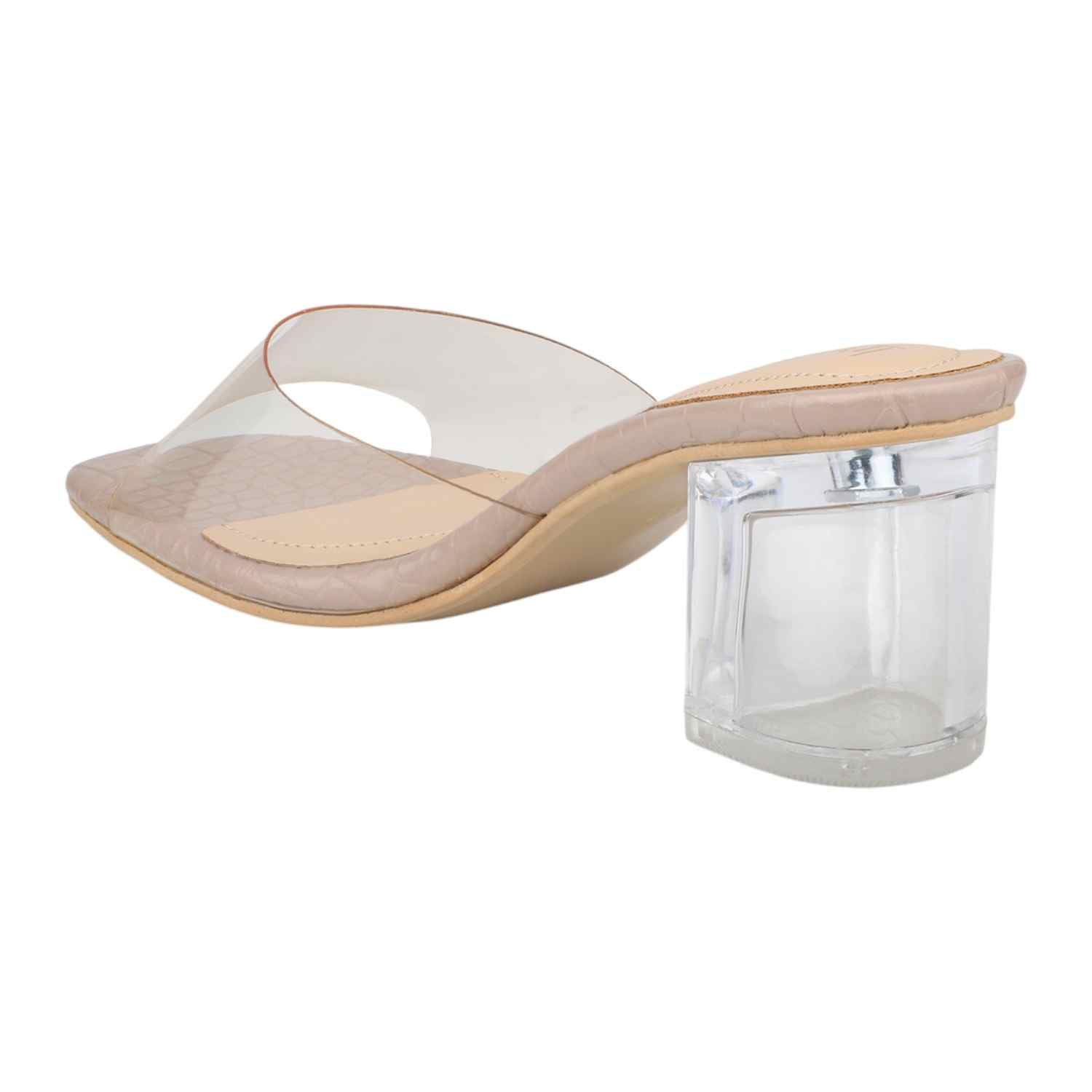 Women Beige Transparent Strap Block Heel Slides