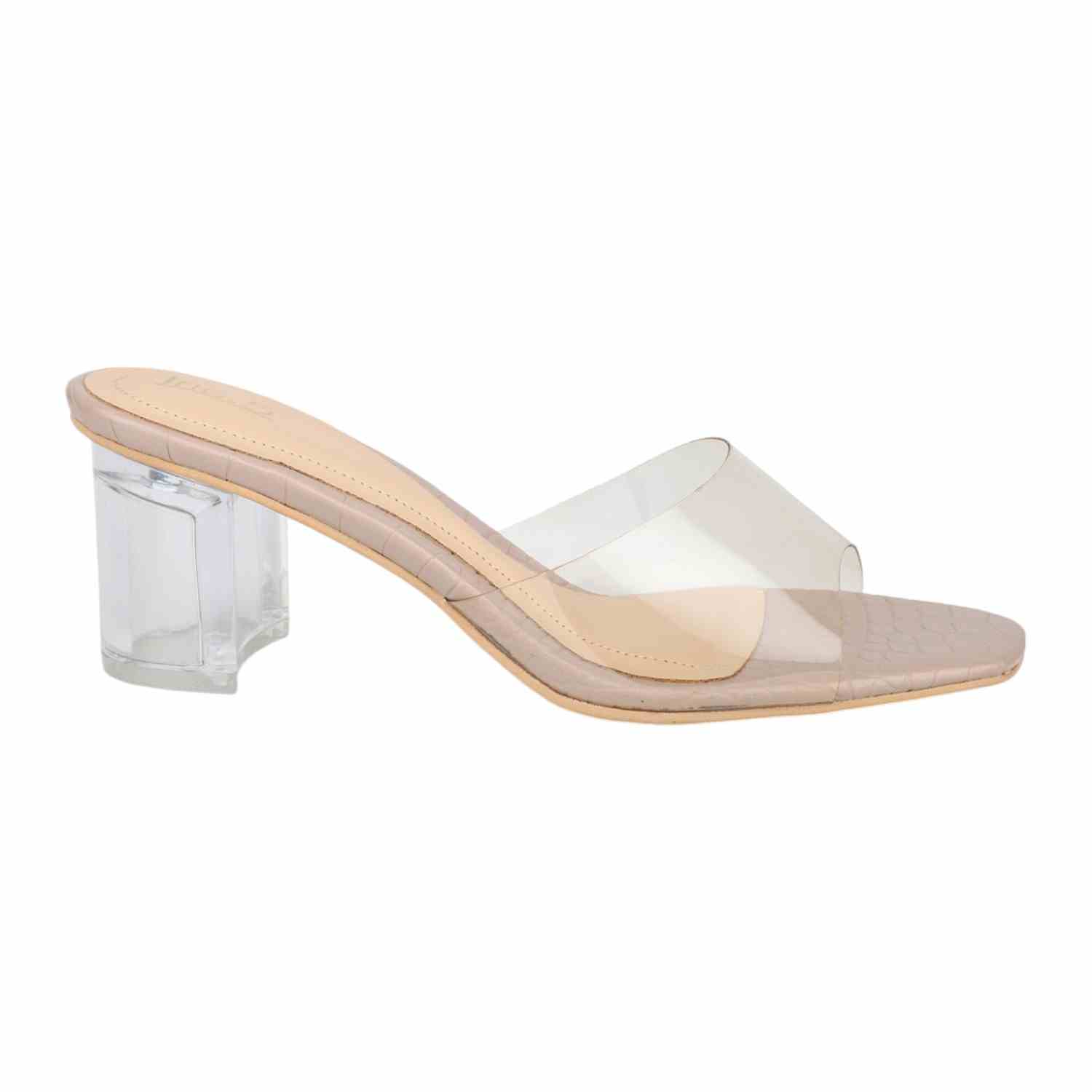 Women Beige Transparent Strap Block Heel Slides