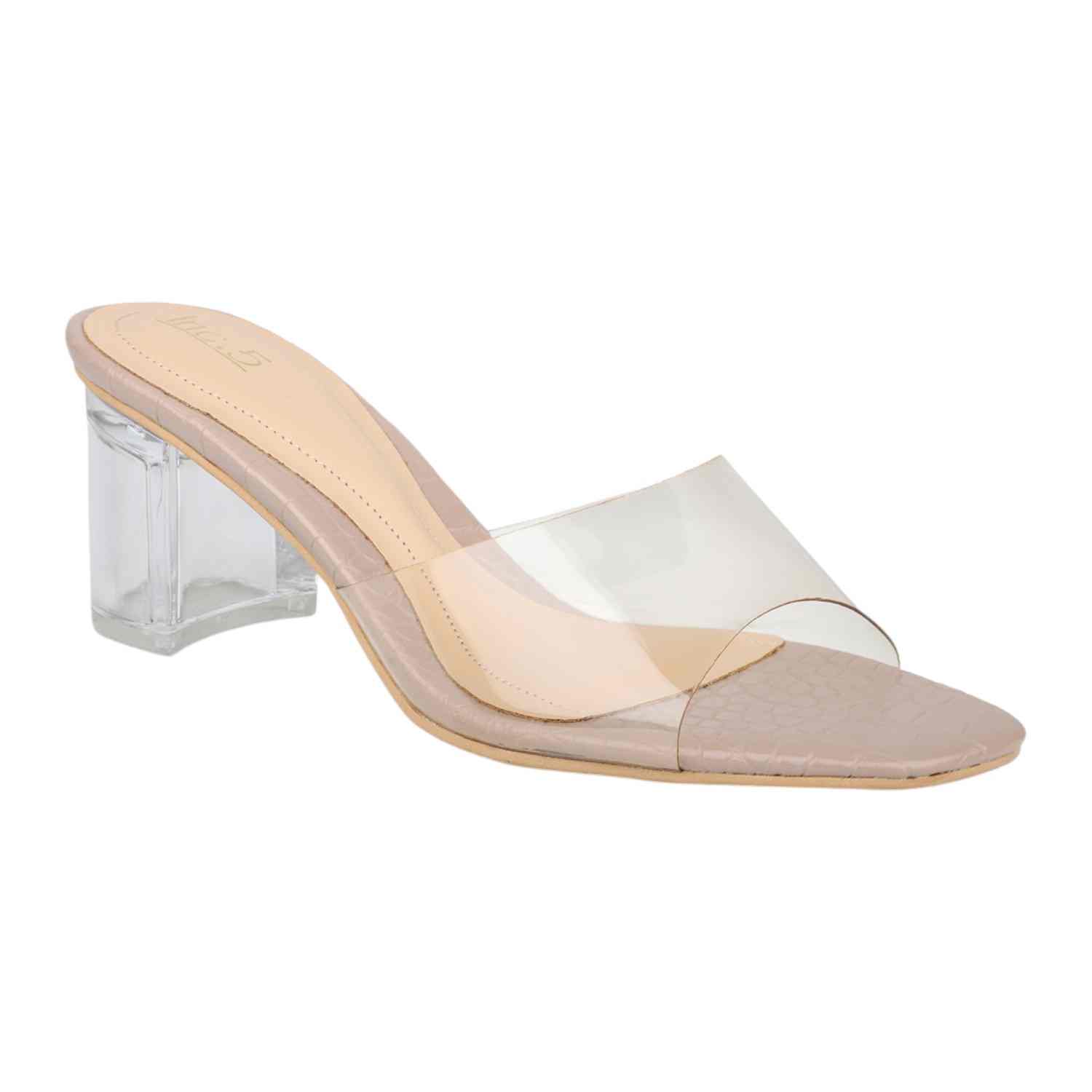 Women Beige Transparent Strap Block Heel Slides