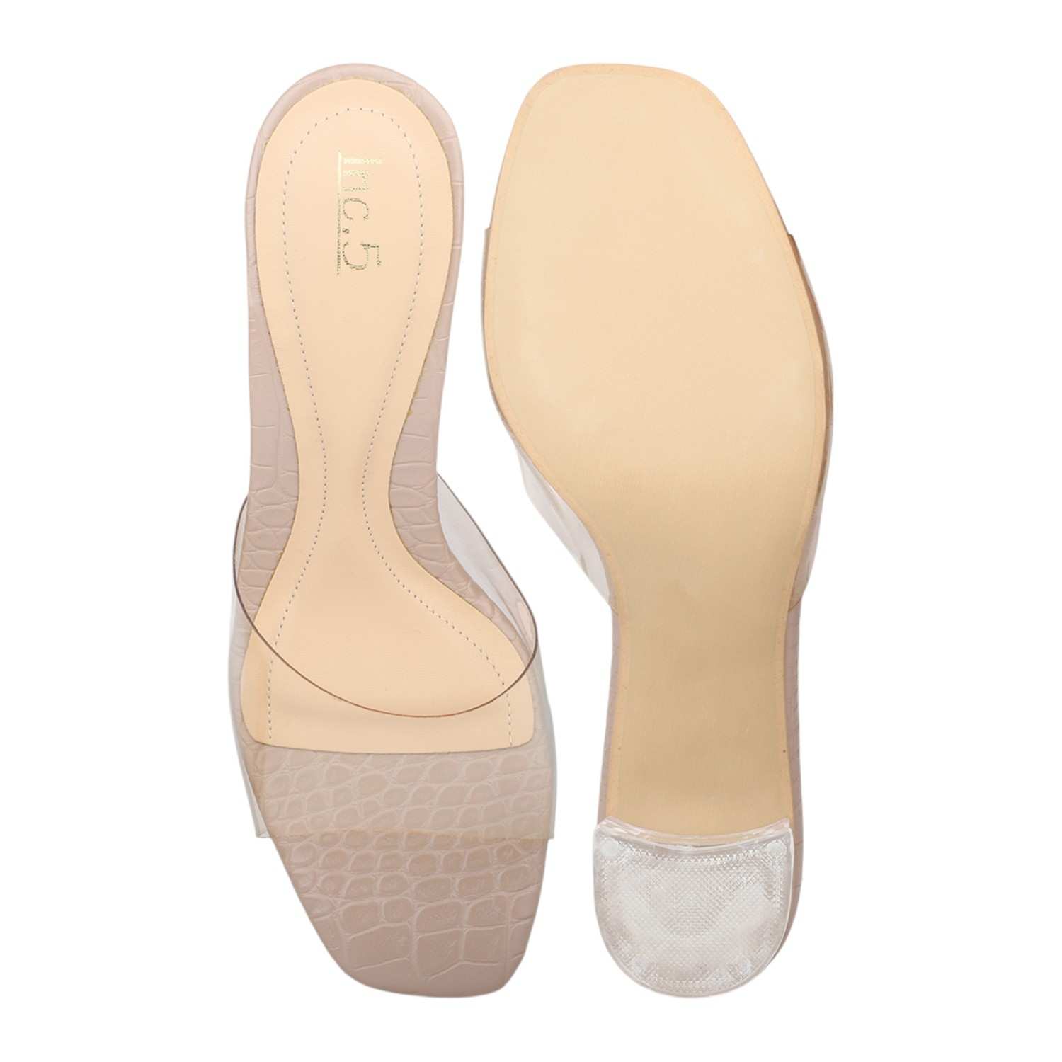 Women Beige Transparent Strap Block Heel Slides