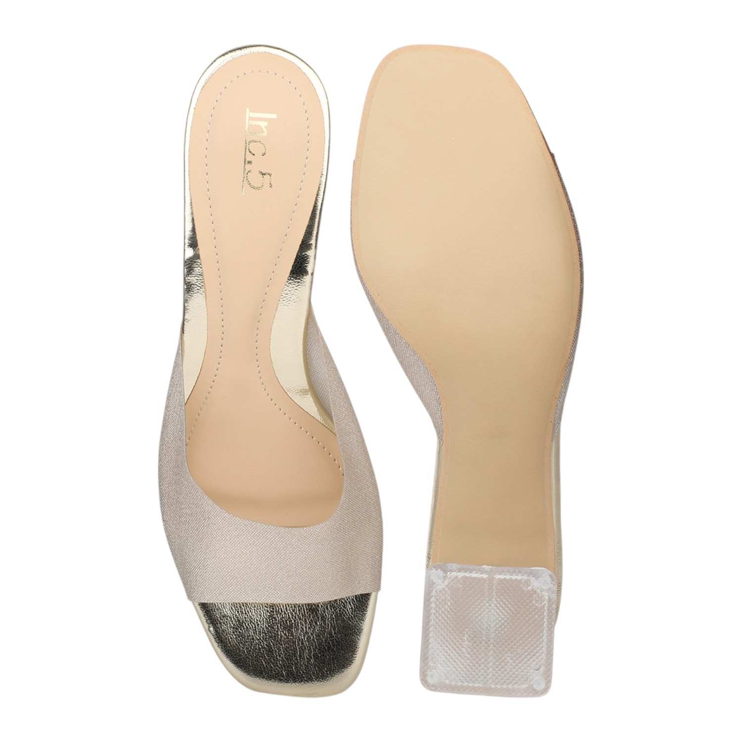 Women Gold Metallic Strap Slides with Clear Block Heel