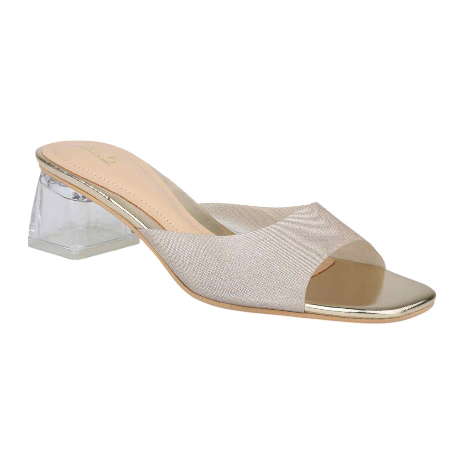 Women Gold Metallic Strap Slides with Clear Block Heel