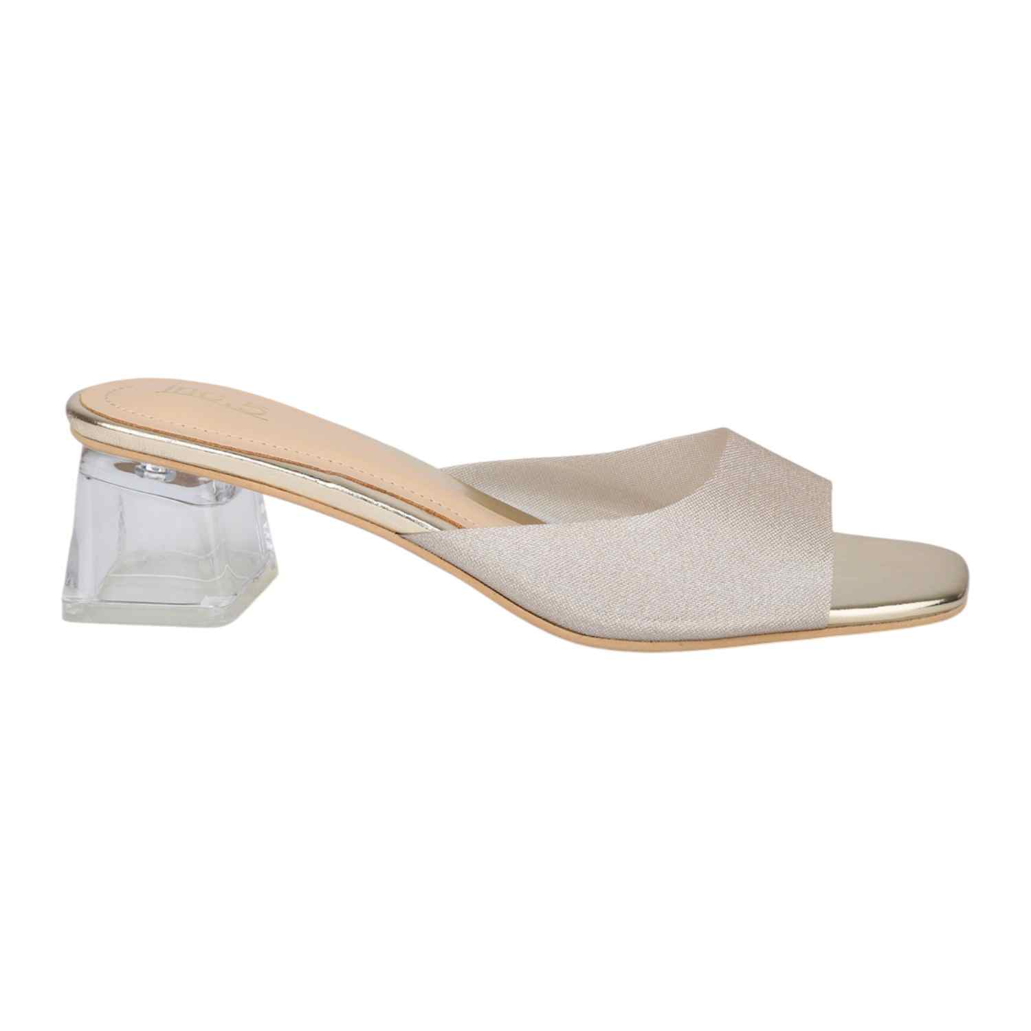 Women Gold Metallic Strap Slides with Clear Block Heel