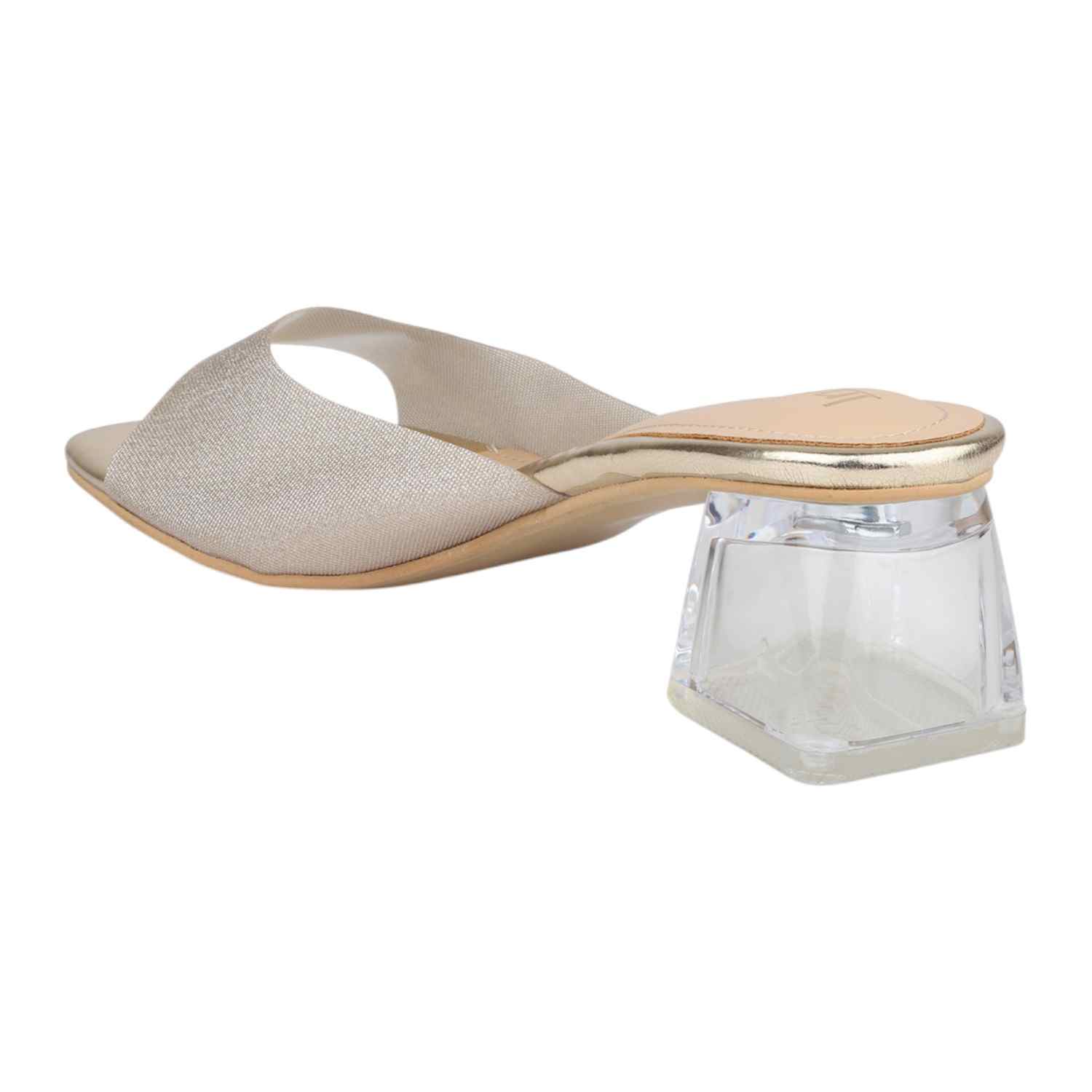 Women Gold Metallic Strap Slides with Clear Block Heel