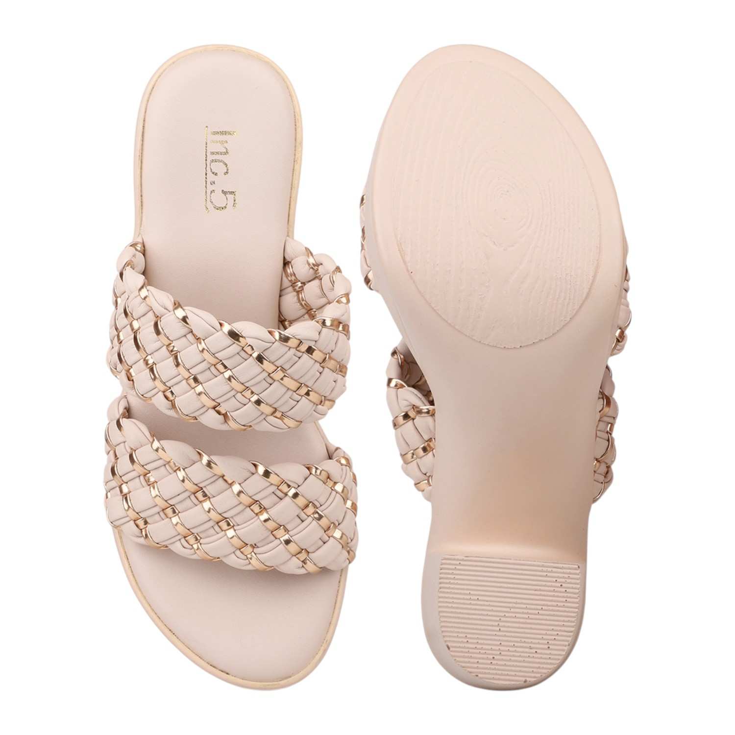 Women Beige Padded Woven Strap Platform Block Heel Sandals