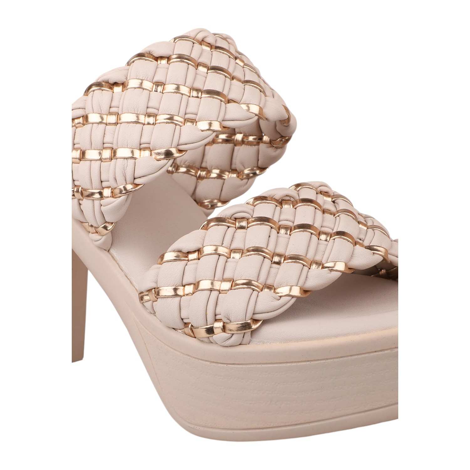 Women Beige Padded Woven Strap Platform Block Heel Sandals