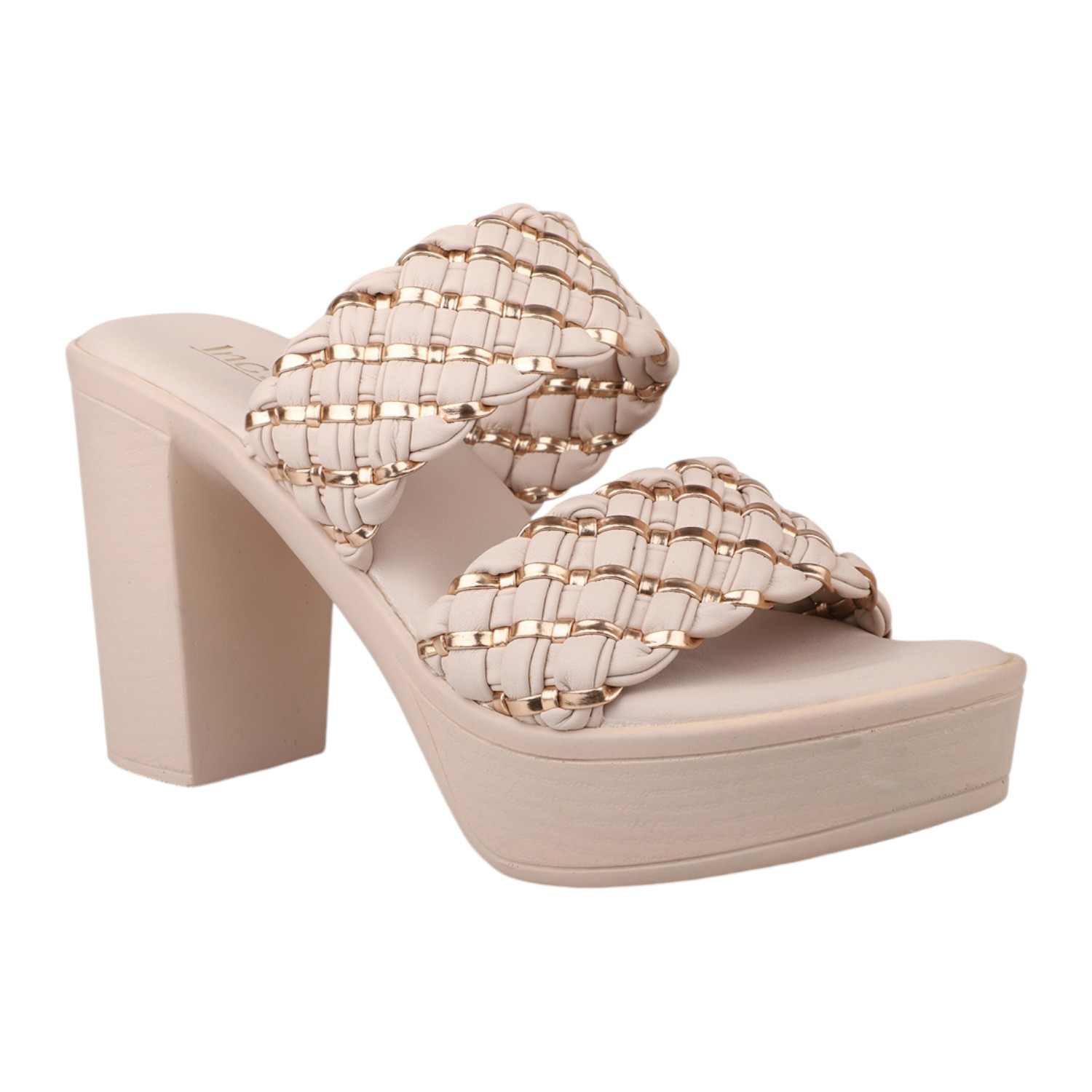 Women Beige Padded Woven Strap Platform Block Heel Sandals