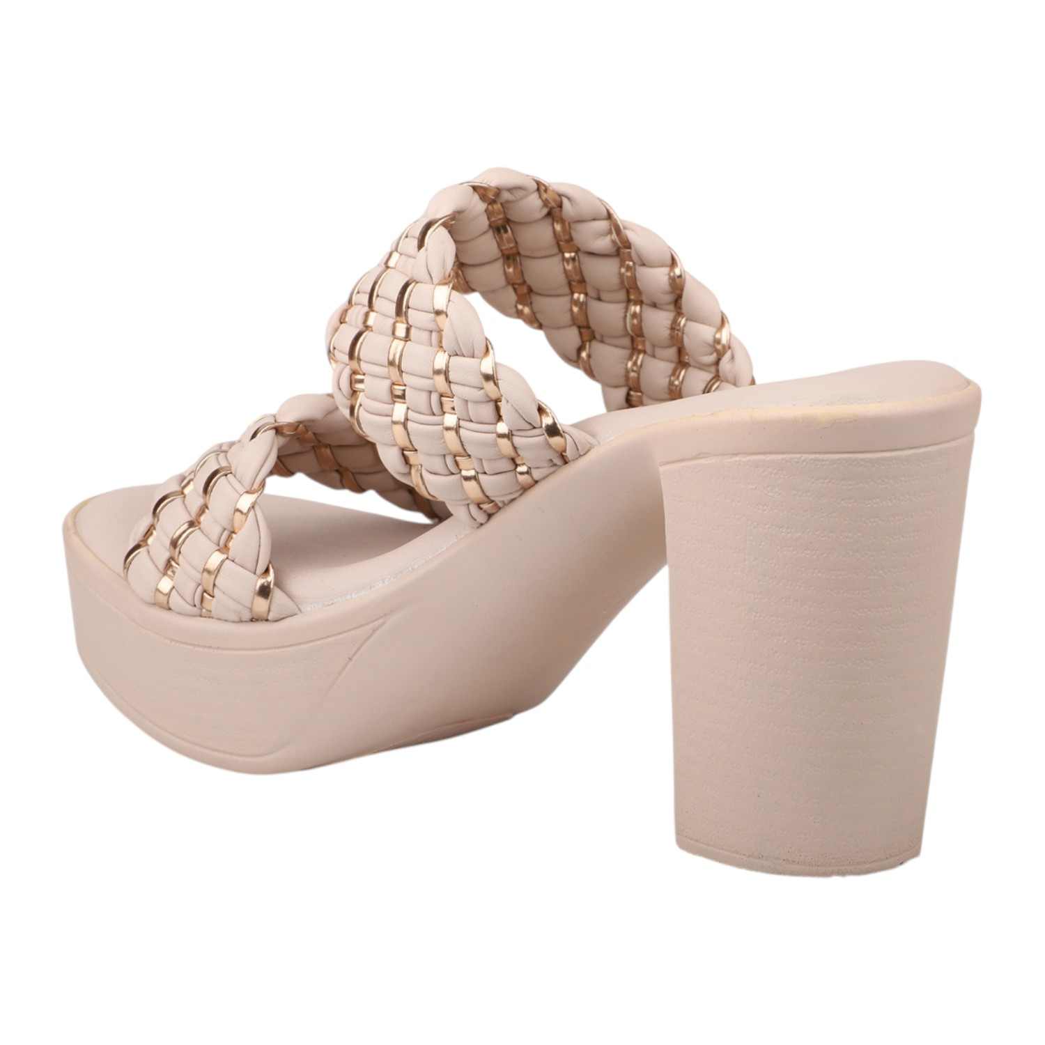 Women Beige Padded Woven Strap Platform Block Heel Sandals