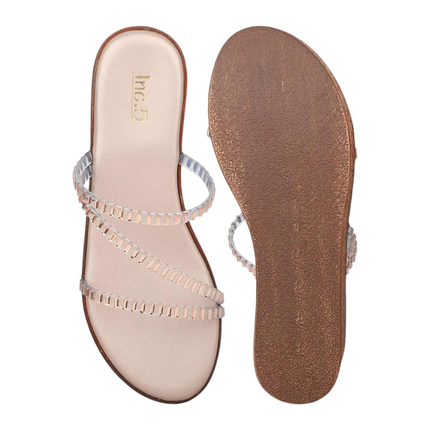 Women Rose Gold Beaded Transparent Strap Wedge Sandals