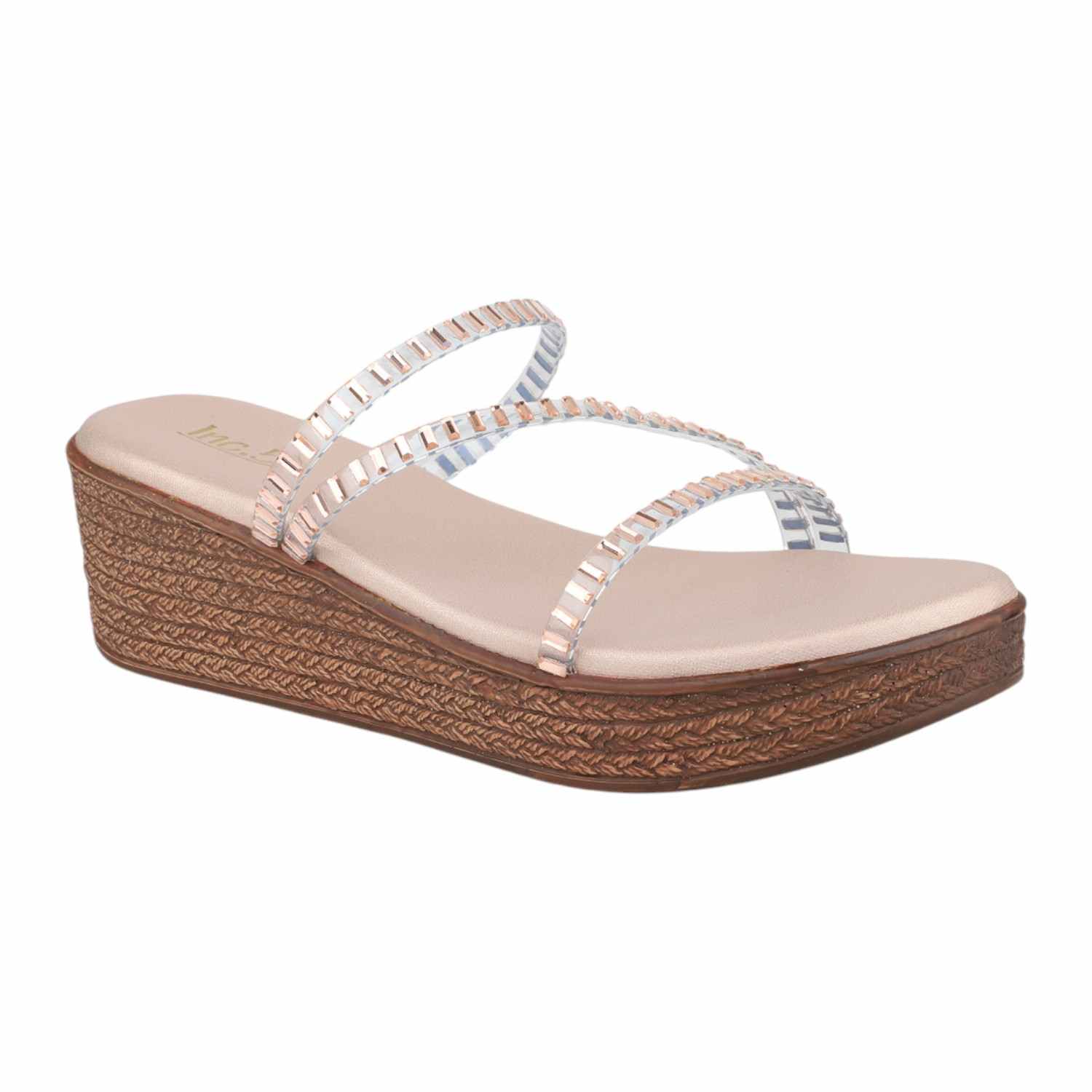 Women Rose Gold Beaded Transparent Strap Wedge Sandals