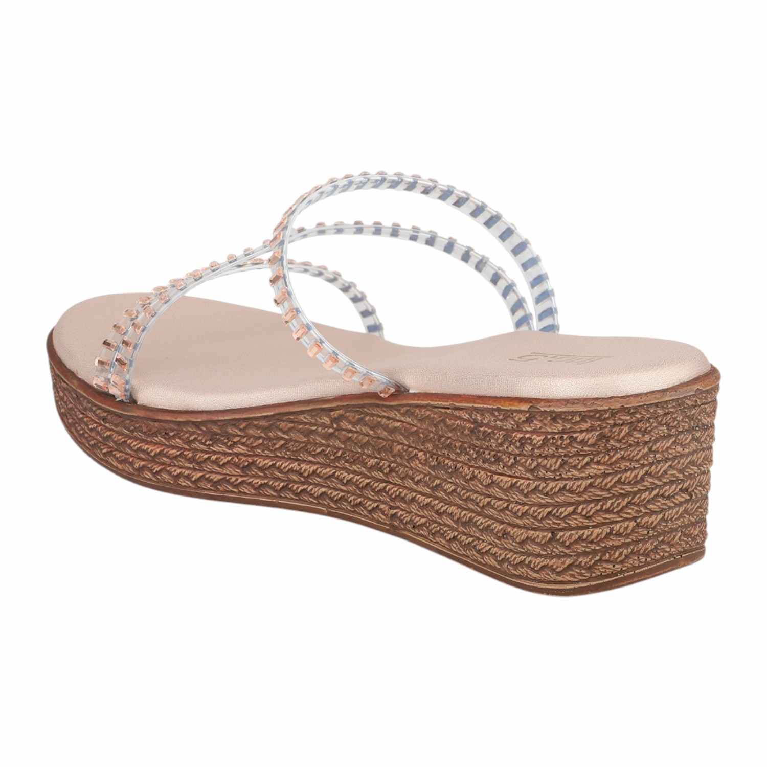 Women Rose Gold Beaded Transparent Strap Wedge Sandals