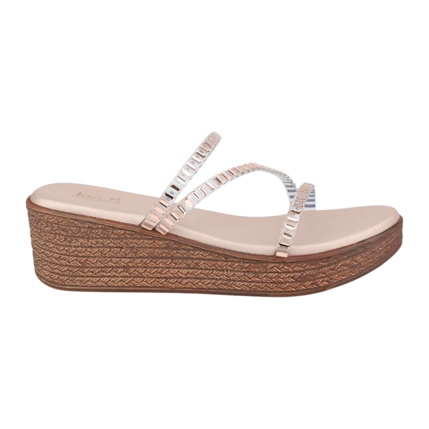 Women Rose Gold Beaded Transparent Strap Wedge Sandals