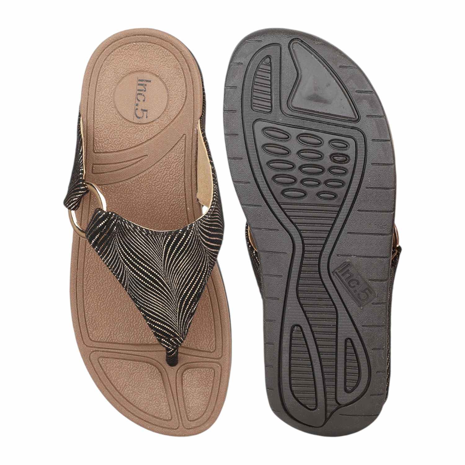 Inc.5 | Women Antique Gold Printed Strap Wedge Thong Sandals|3