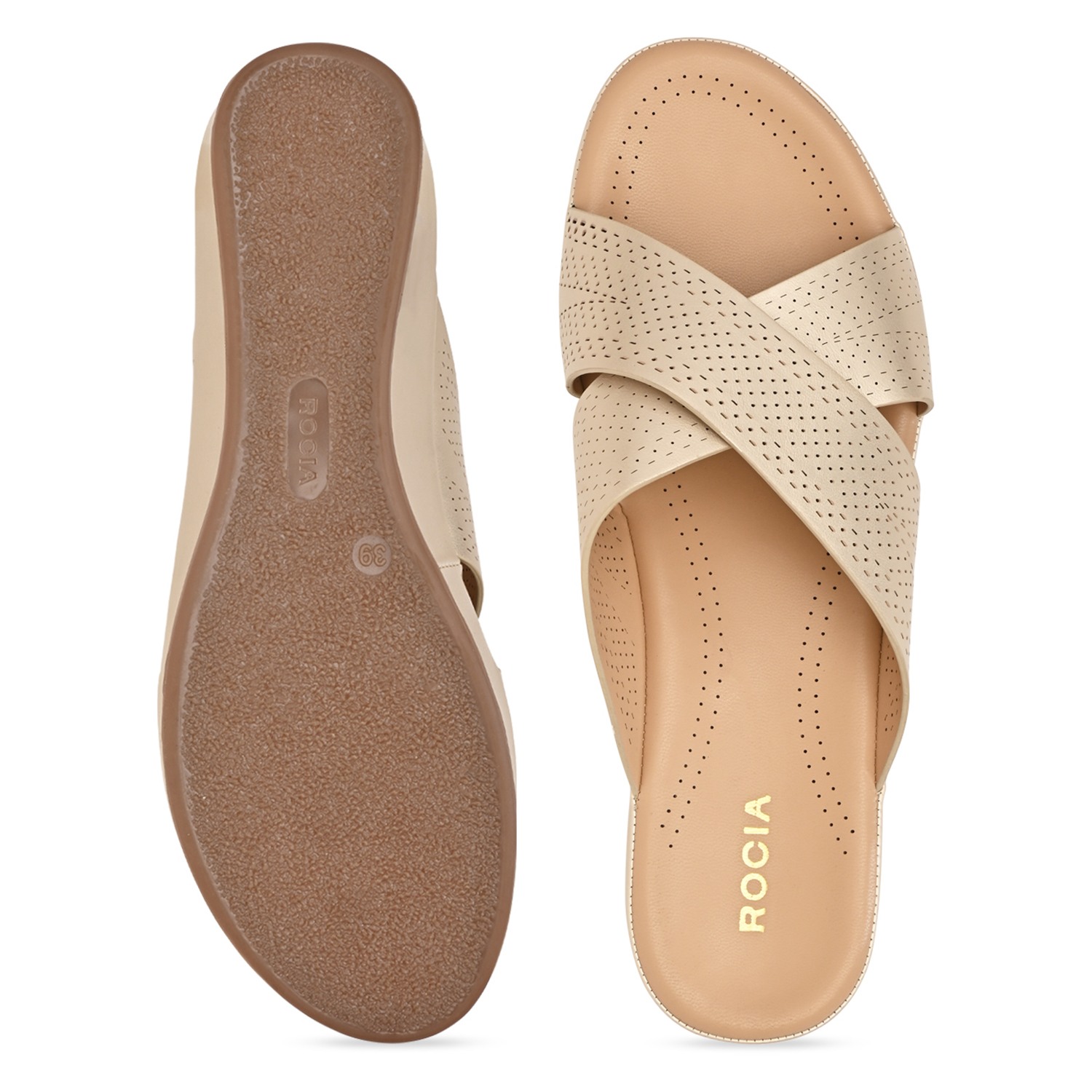 Gold Women Comfort Laser Cut Cross Strap Flats