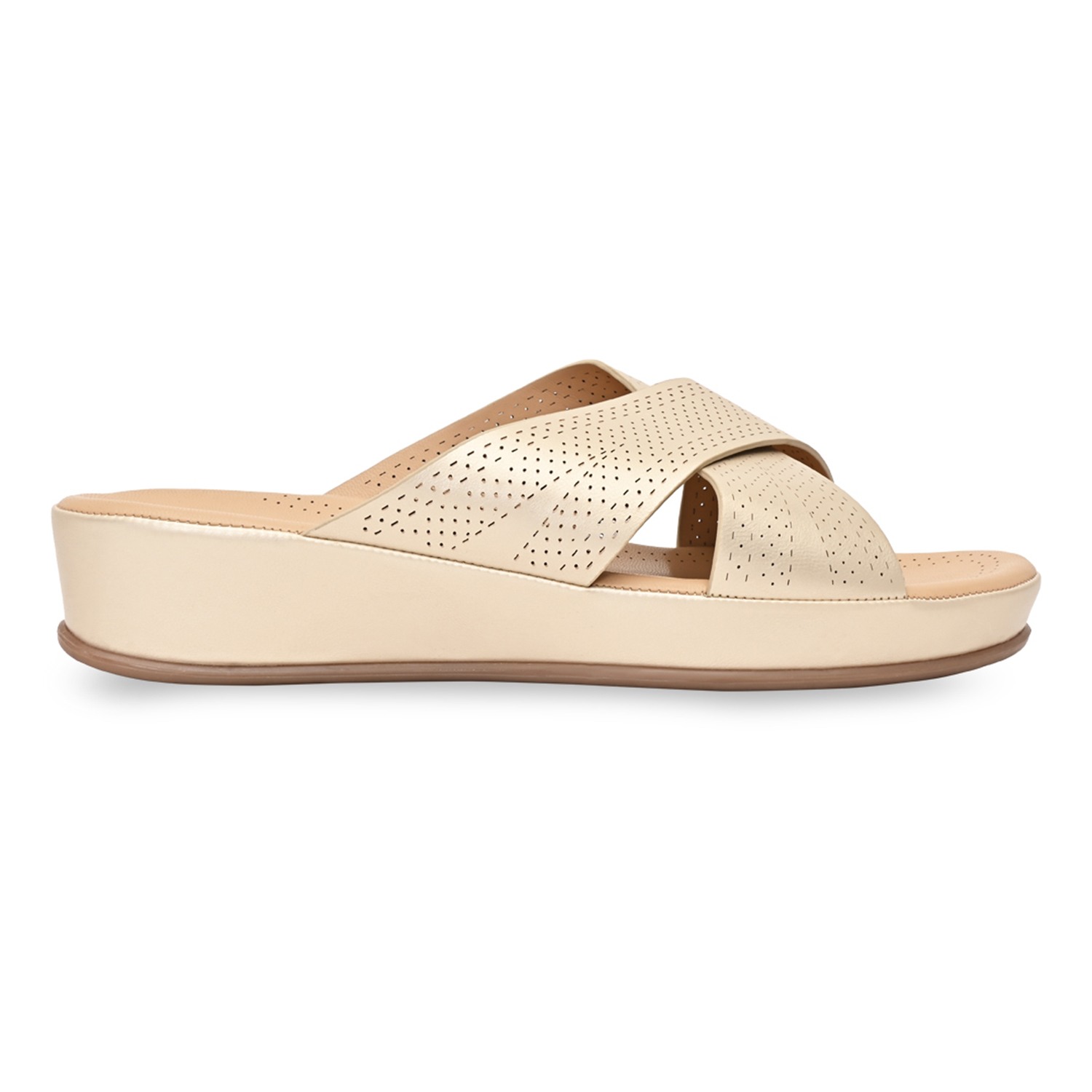 Gold Women Comfort Laser Cut Cross Strap Flats