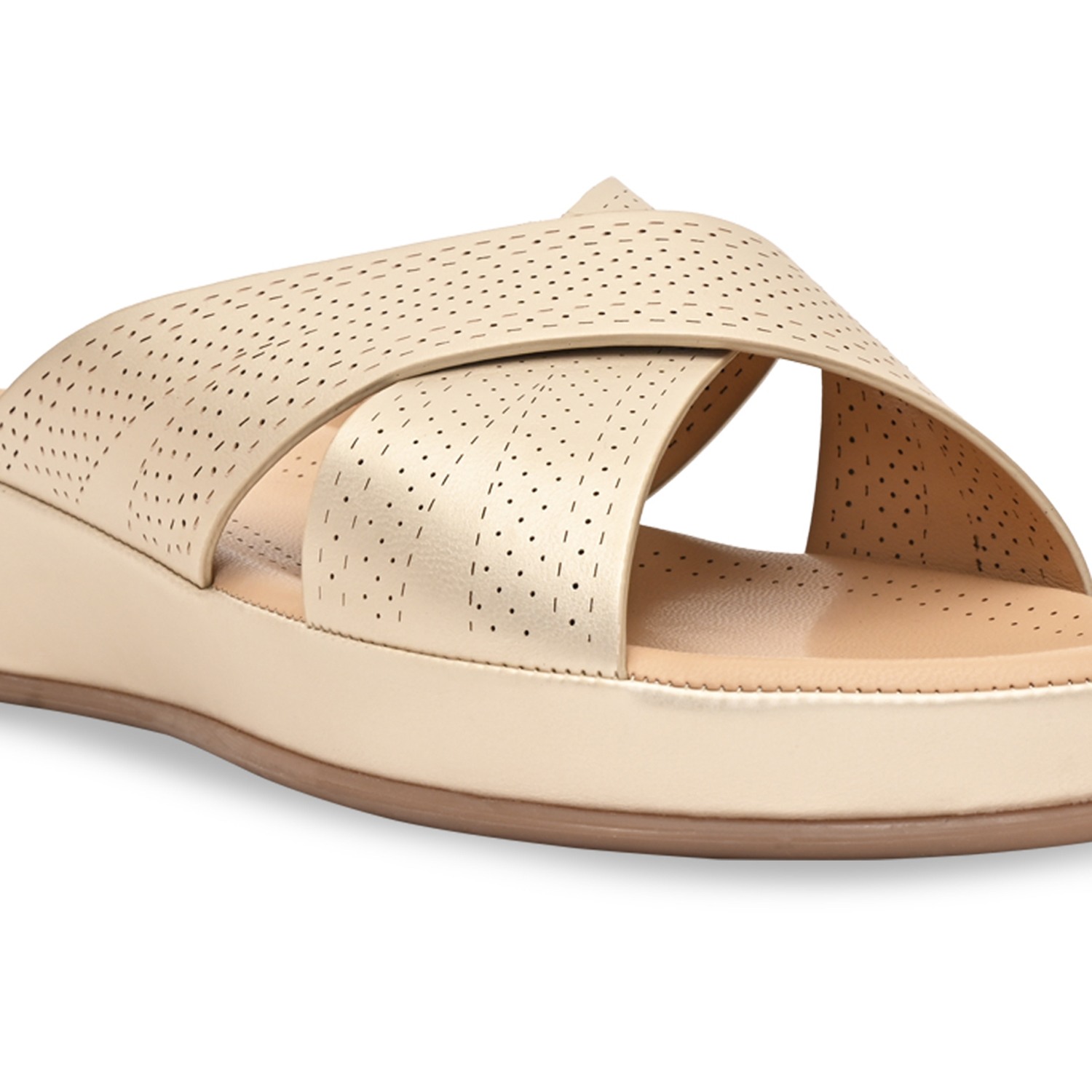 Gold Women Comfort Laser Cut Cross Strap Flats
