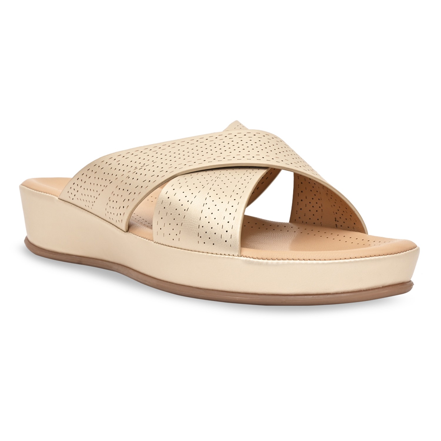 Gold Women Comfort Laser Cut Cross Strap Flats