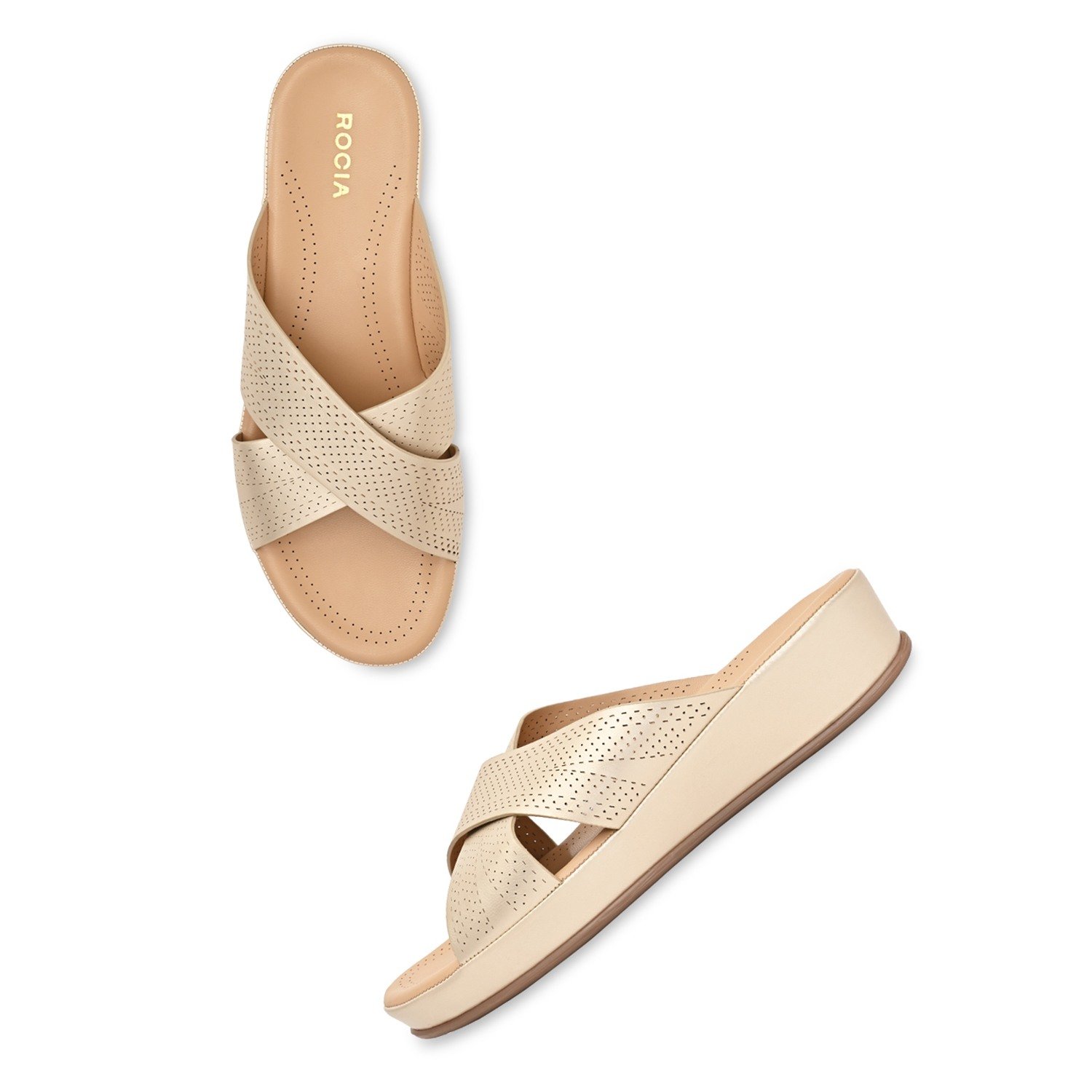 Gold Women Comfort Laser Cut Cross Strap Flats