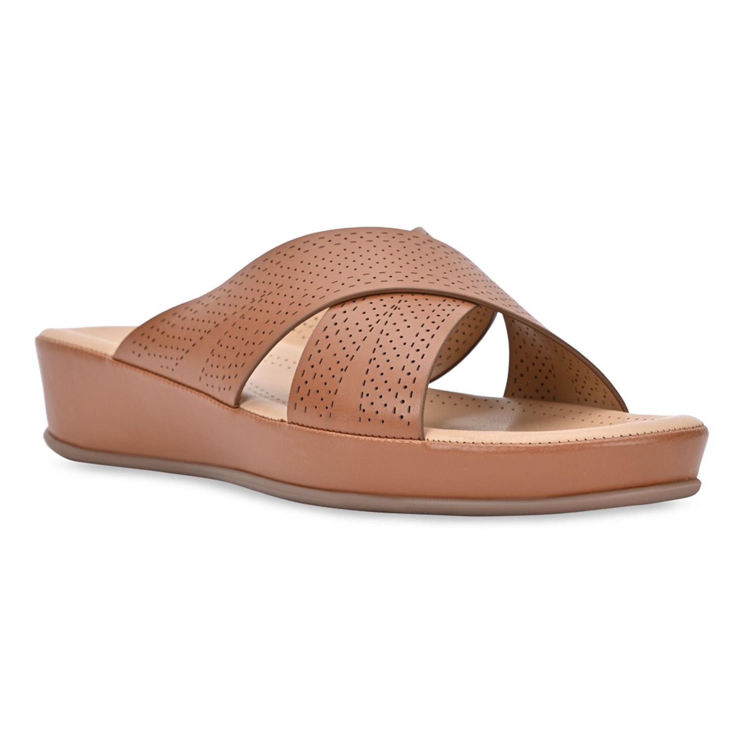 Tan Women Comfort Laser Cut Cross Strap Flats