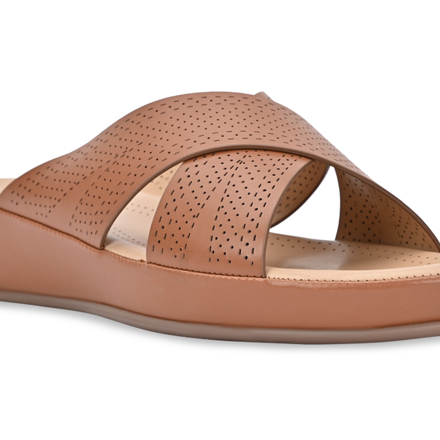 Tan Women Comfort Laser Cut Cross Strap Flats